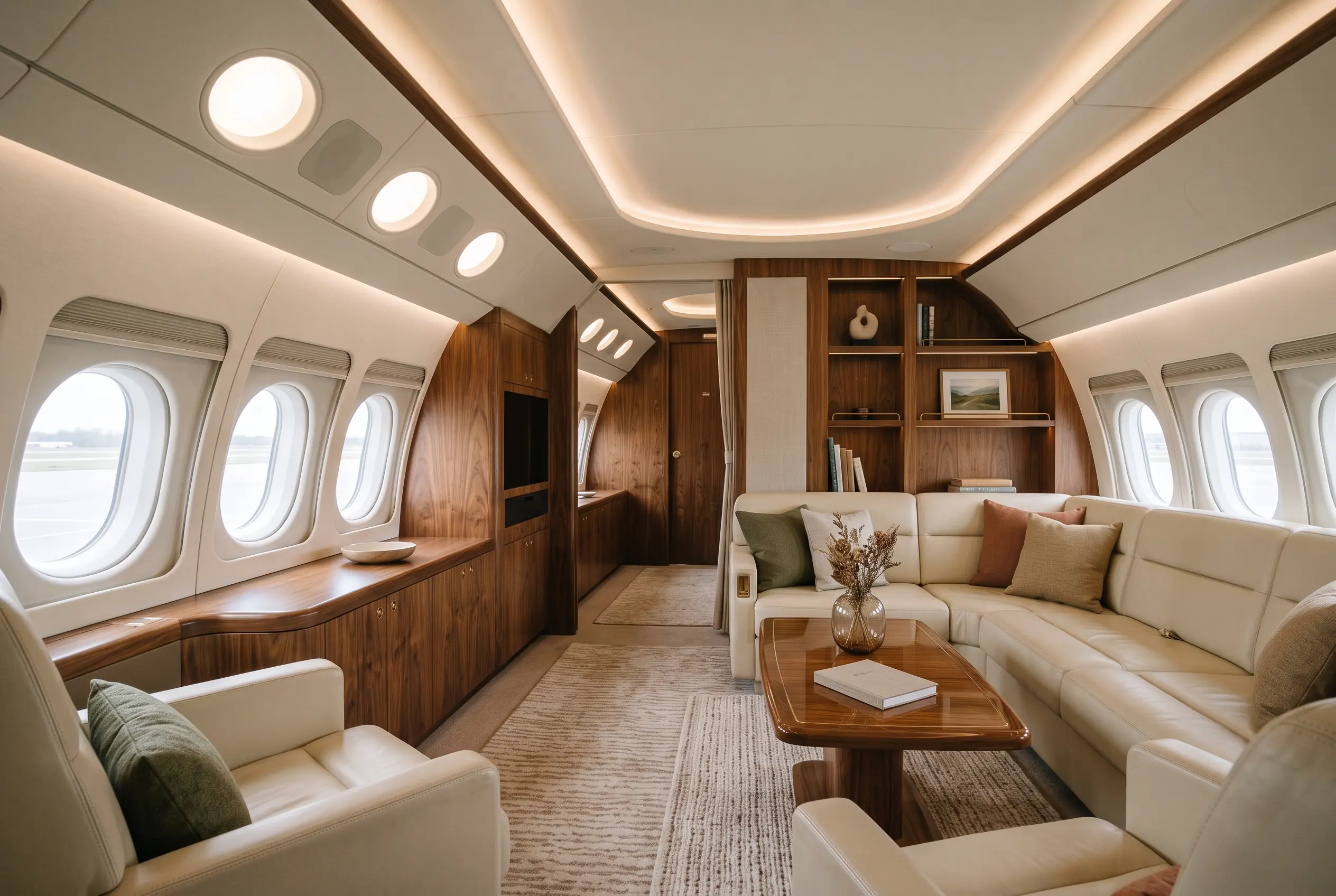 Airliner-width private lounge with facing sofas, low table and soft pools of lamplight