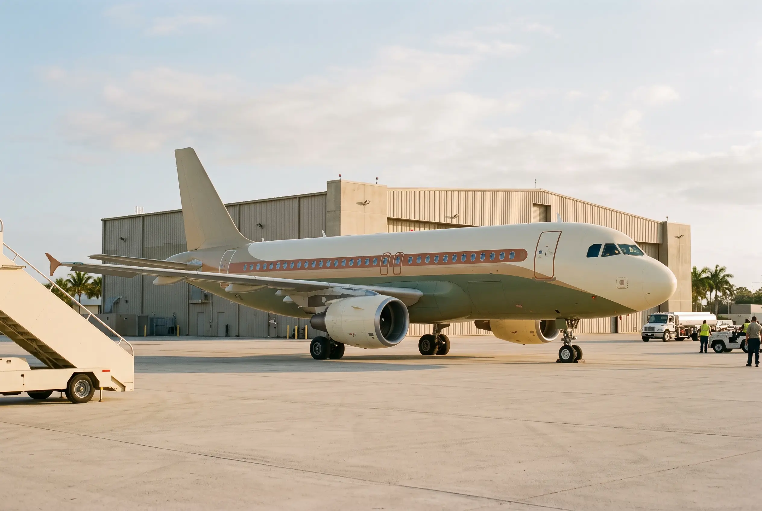 ACJ319 Private airliner parked on a wide apron at dusk, cabin windows glowing down the fuselage
