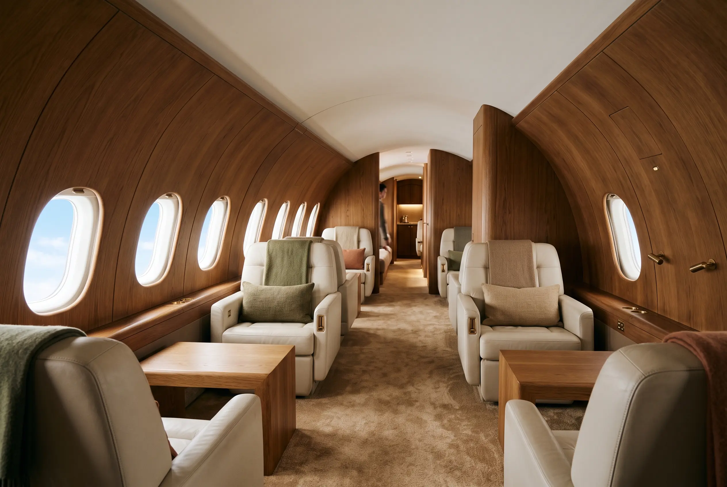 Vast private aircraft salon in ivory and oak, armchair groups receding toward a lit corridor