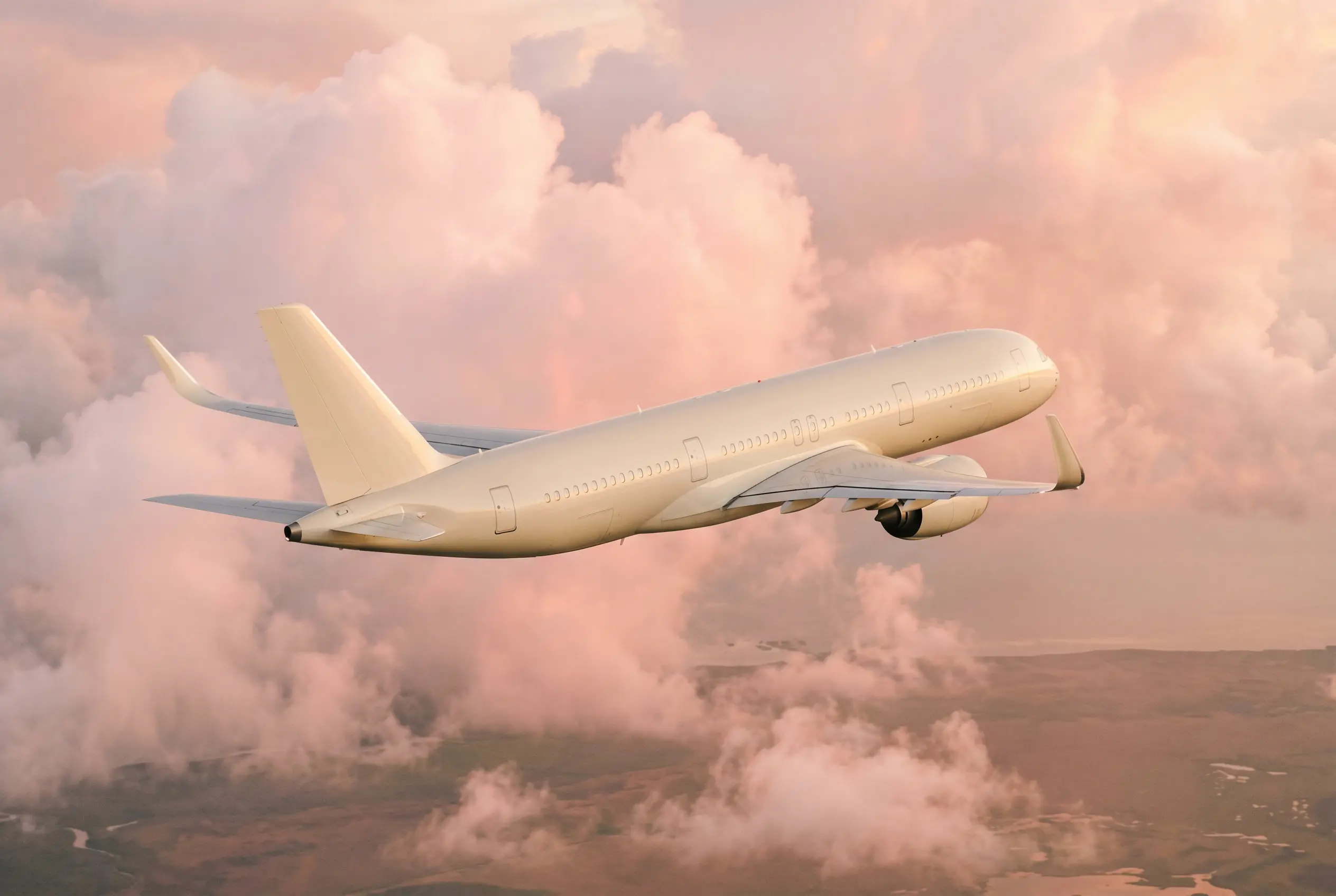 Modern twin-engine airliner with curved wingtips climbing through soft pink evening cloud