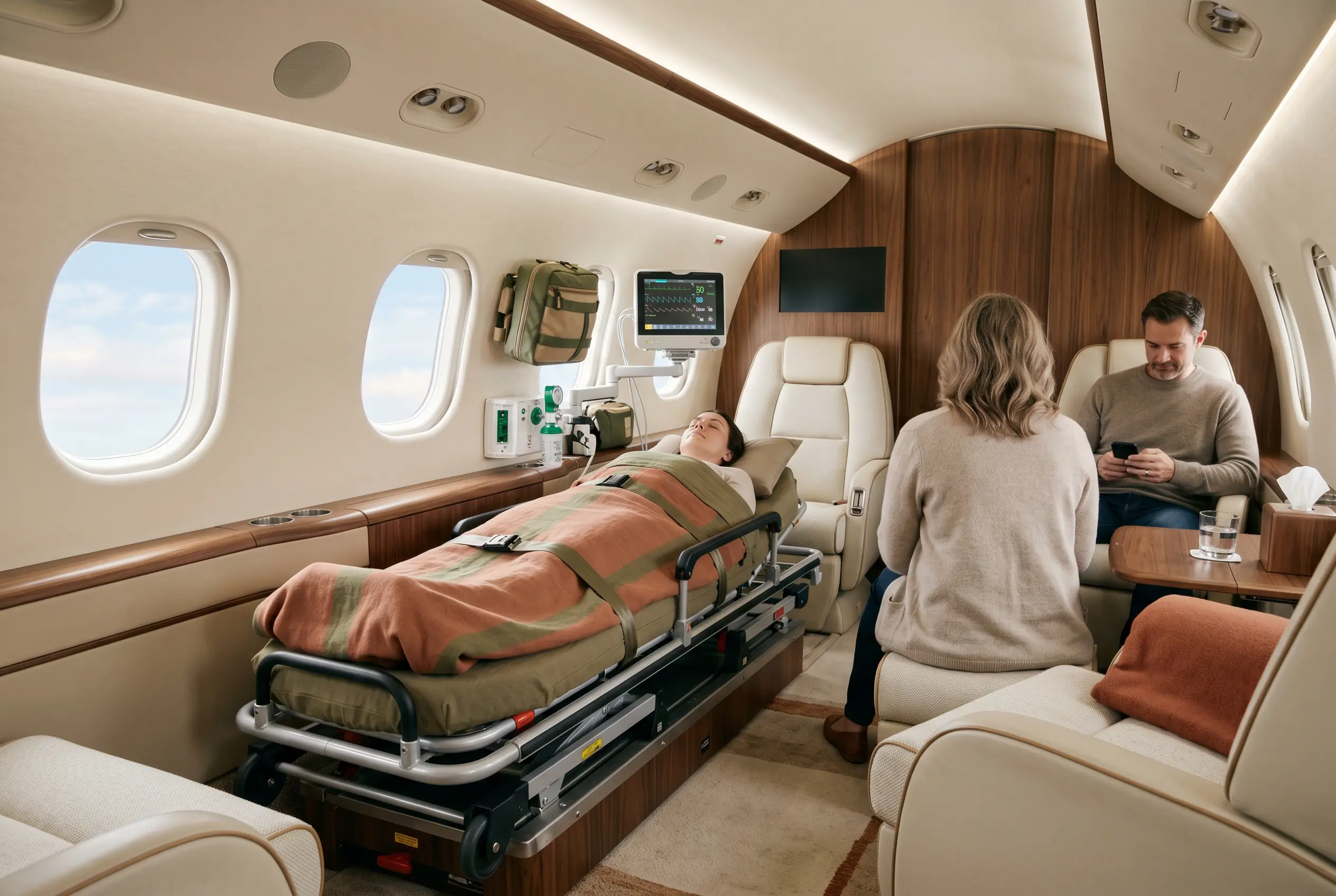 Calm medically fitted cabin with a secured stretcher, monitors and two seats for family beside it