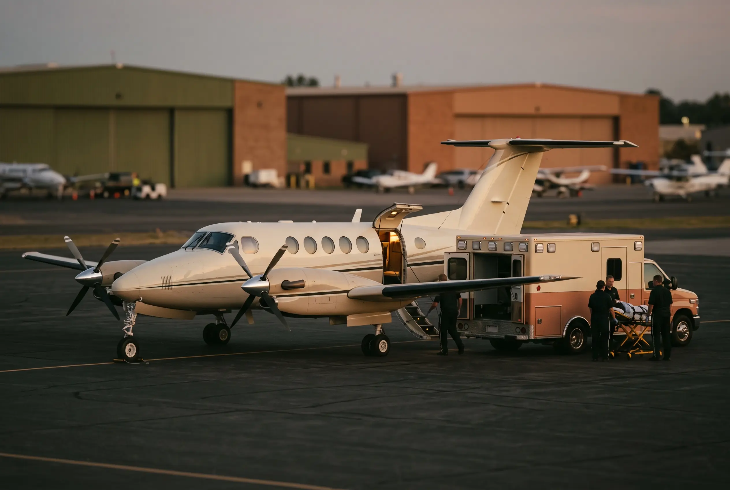 Turboprop parked close to a waiting ambulance on the evening apron, doors open