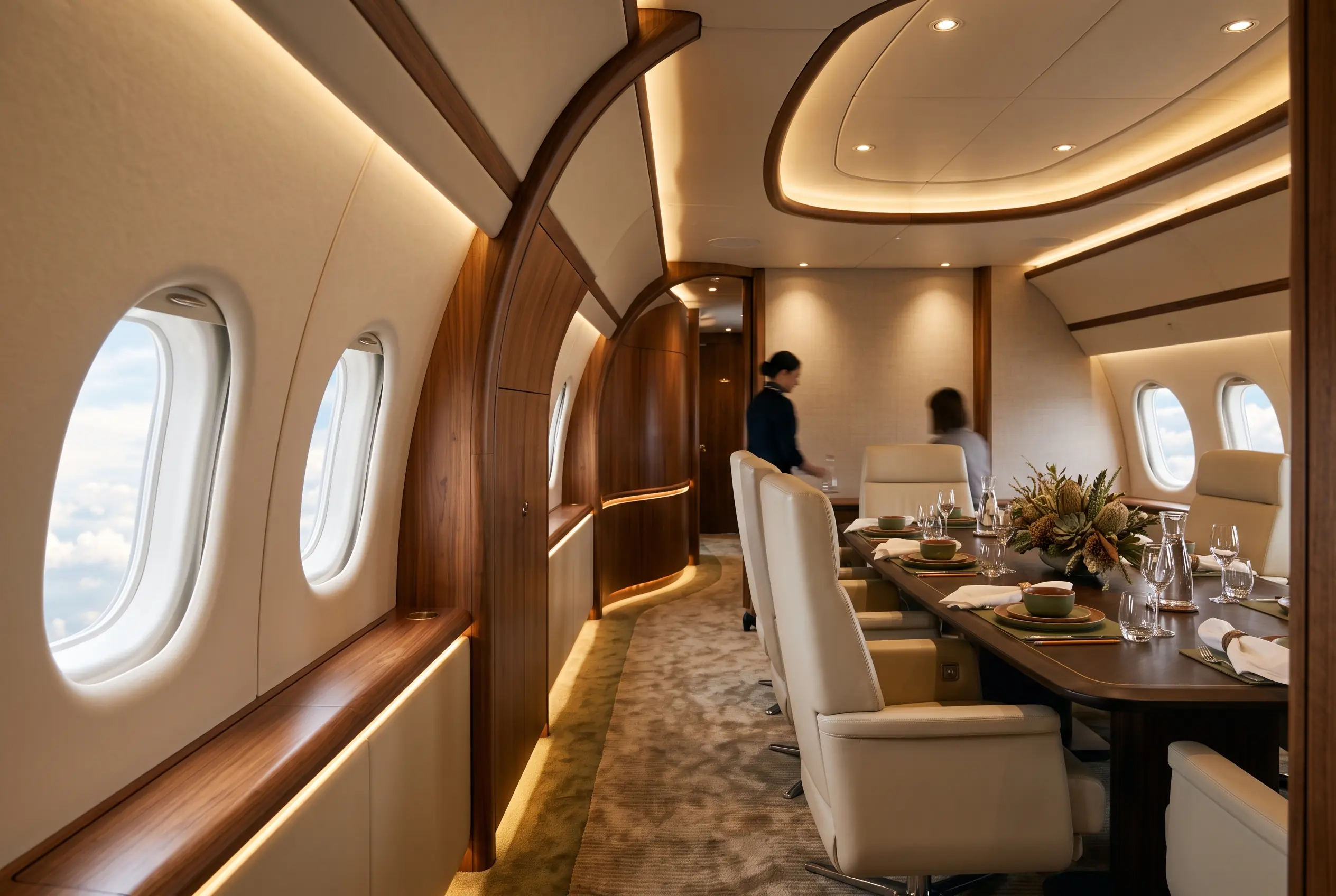 Long private aircraft corridor opening into a boardroom, table dressed and waiting under warm downlights