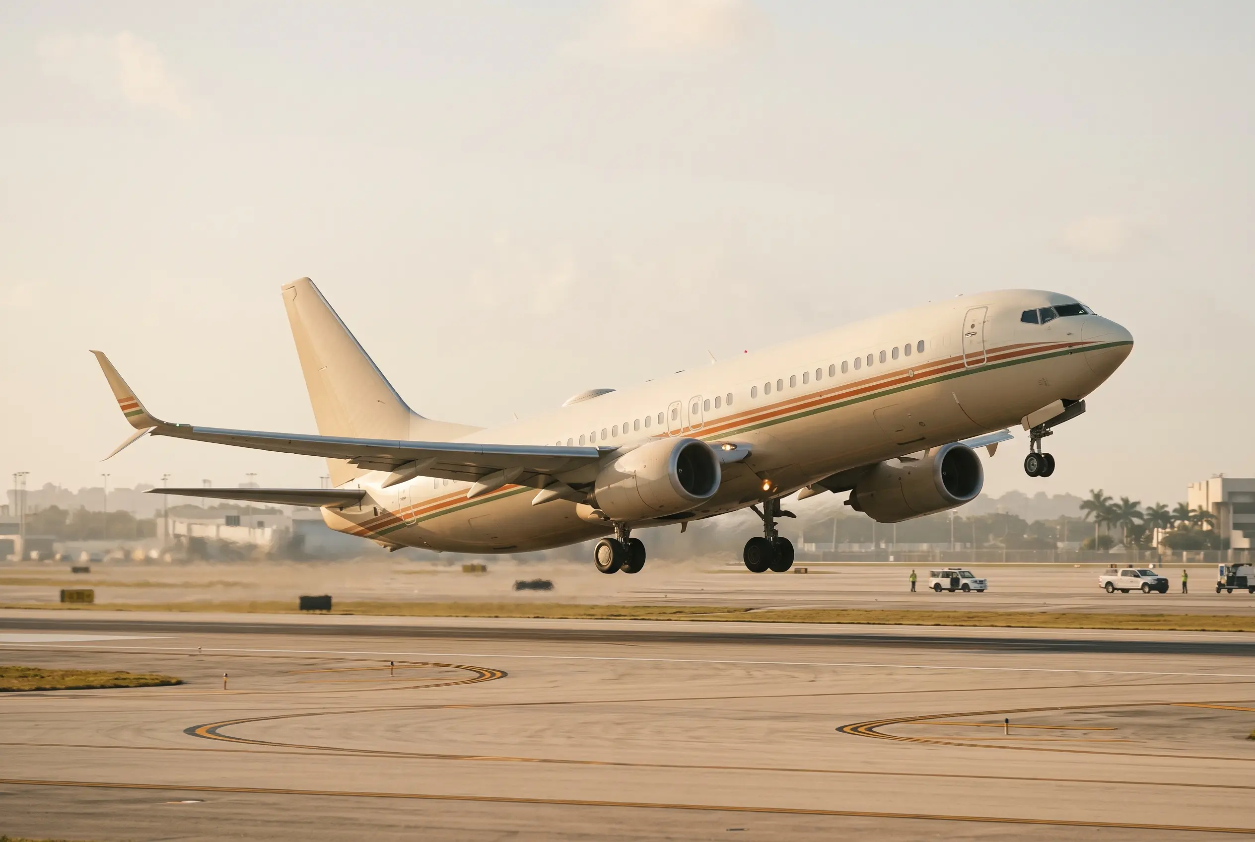 BBJ MAX 8 Big twin-engine airliner with split wingtips rotating off a sunlit runway, haze shimmering behind