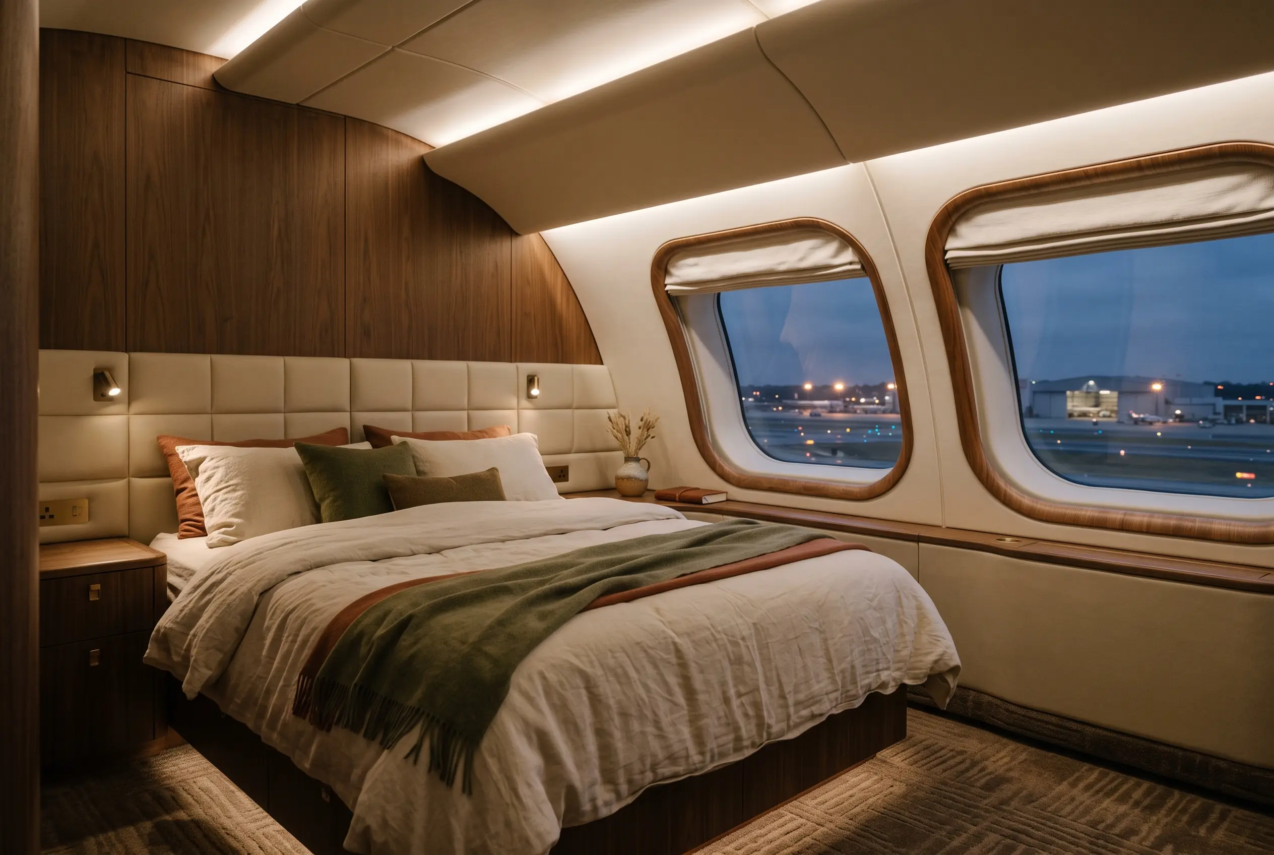 Private airliner bedroom with a wide bed in cream linen, a runway glow tracing the window blinds