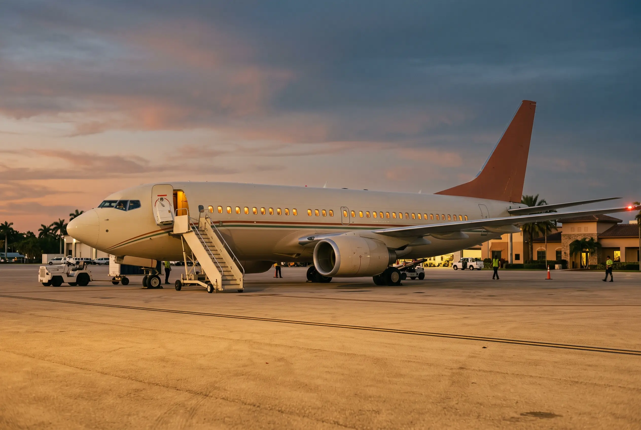 Boeing BBJ Classic twin-engine airliner silhouette on a golden apron, air-stairs down and cabin lit