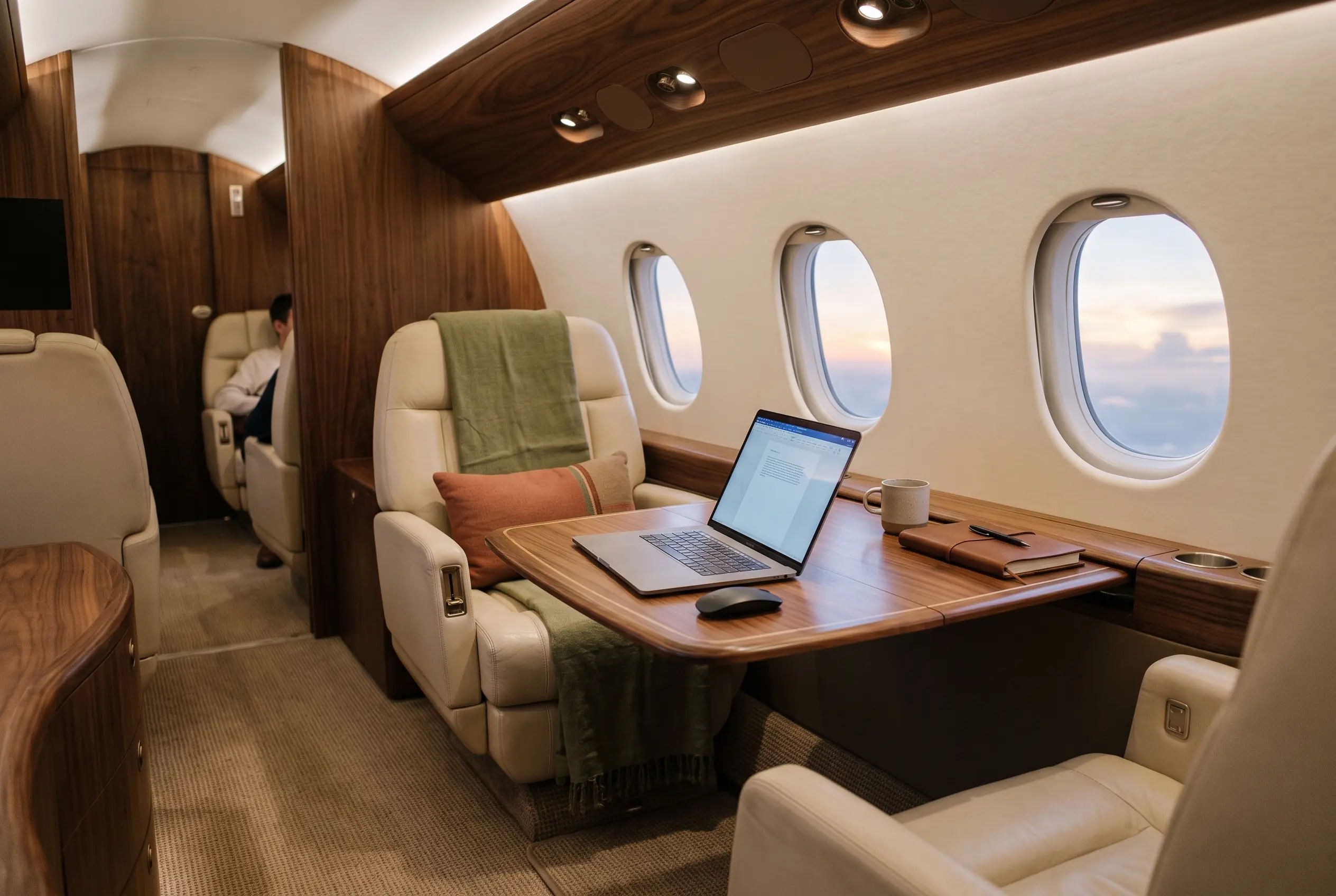 Laptop open on a walnut table in a jet cabin, evening light across leather seats