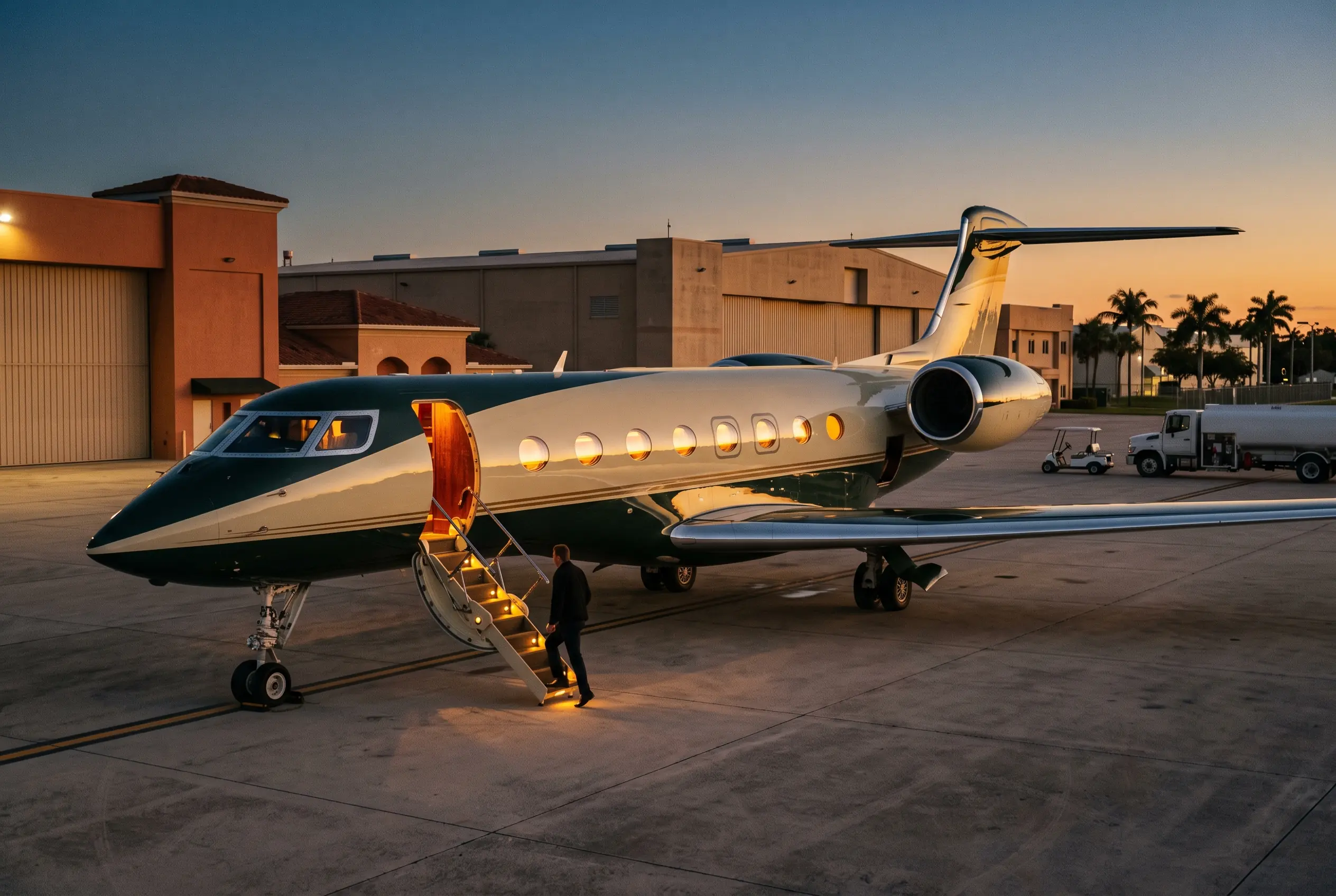Book a Private Jet with Crypto Heavy jet parked on the night ramp, cabin windows aglow and boarding stairs lowered