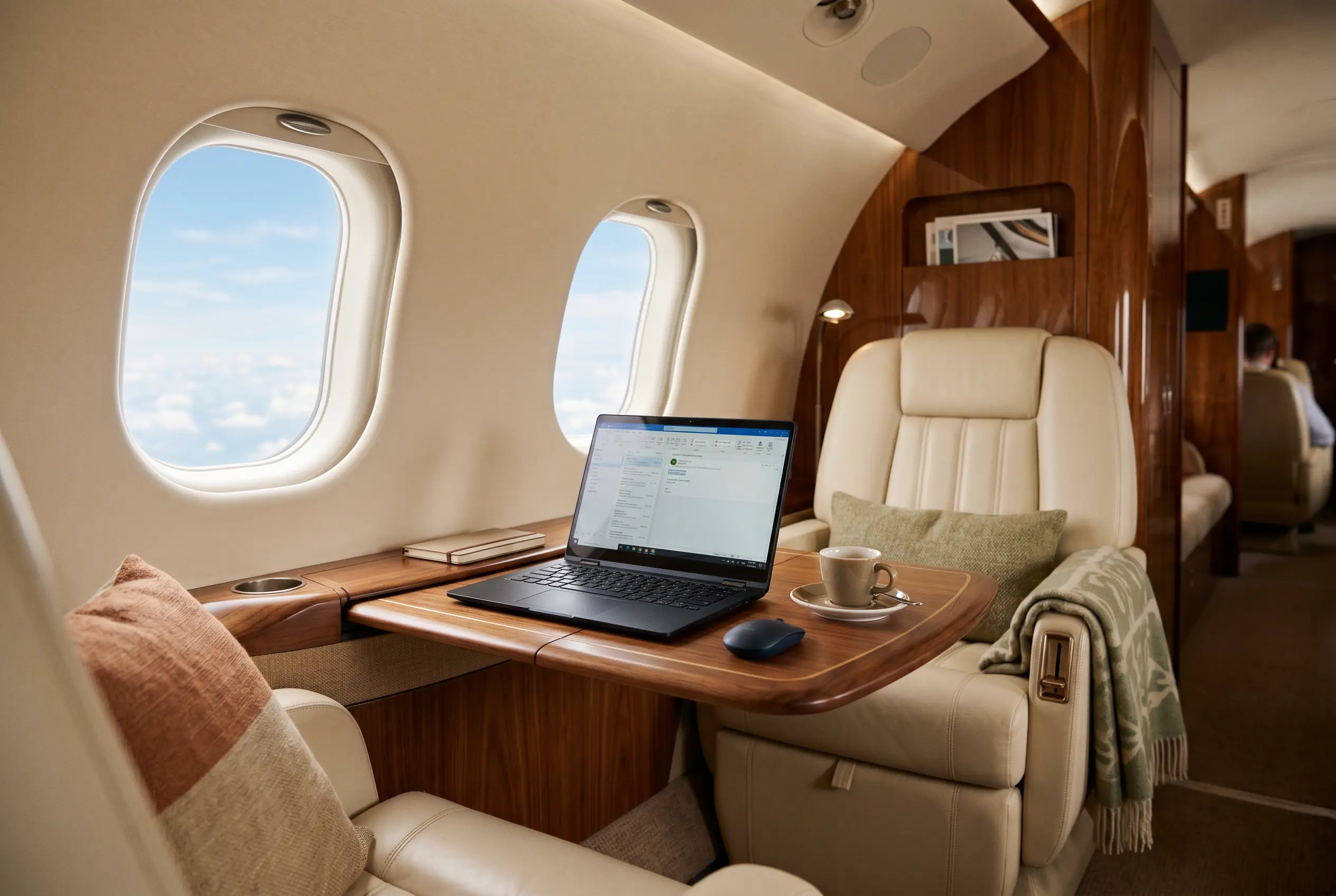Executive cabin mid-flight, a laptop and espresso set out on a walnut worktable in soft light