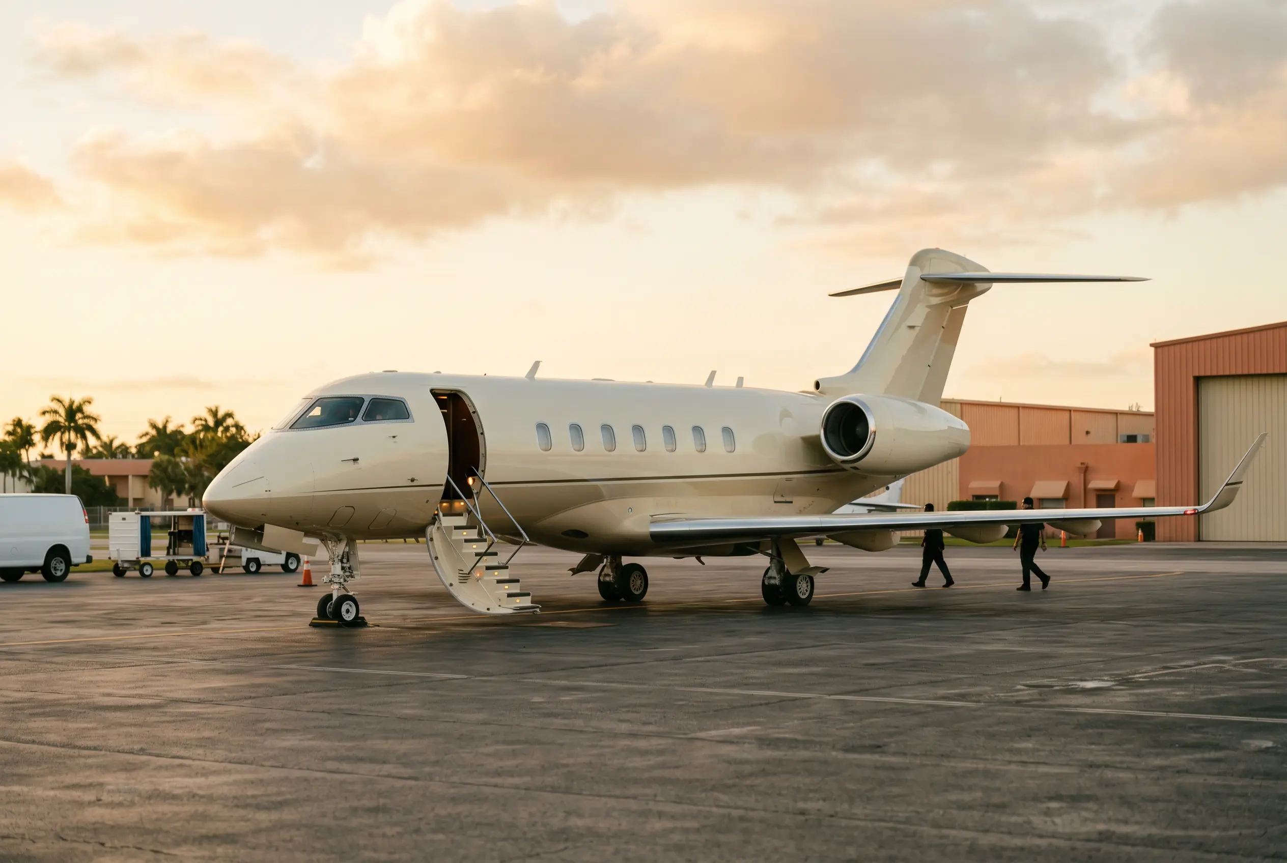 Business Jet Charter Midsize jet on the Opa-locka ramp at first light, boarding steps down for an early departure