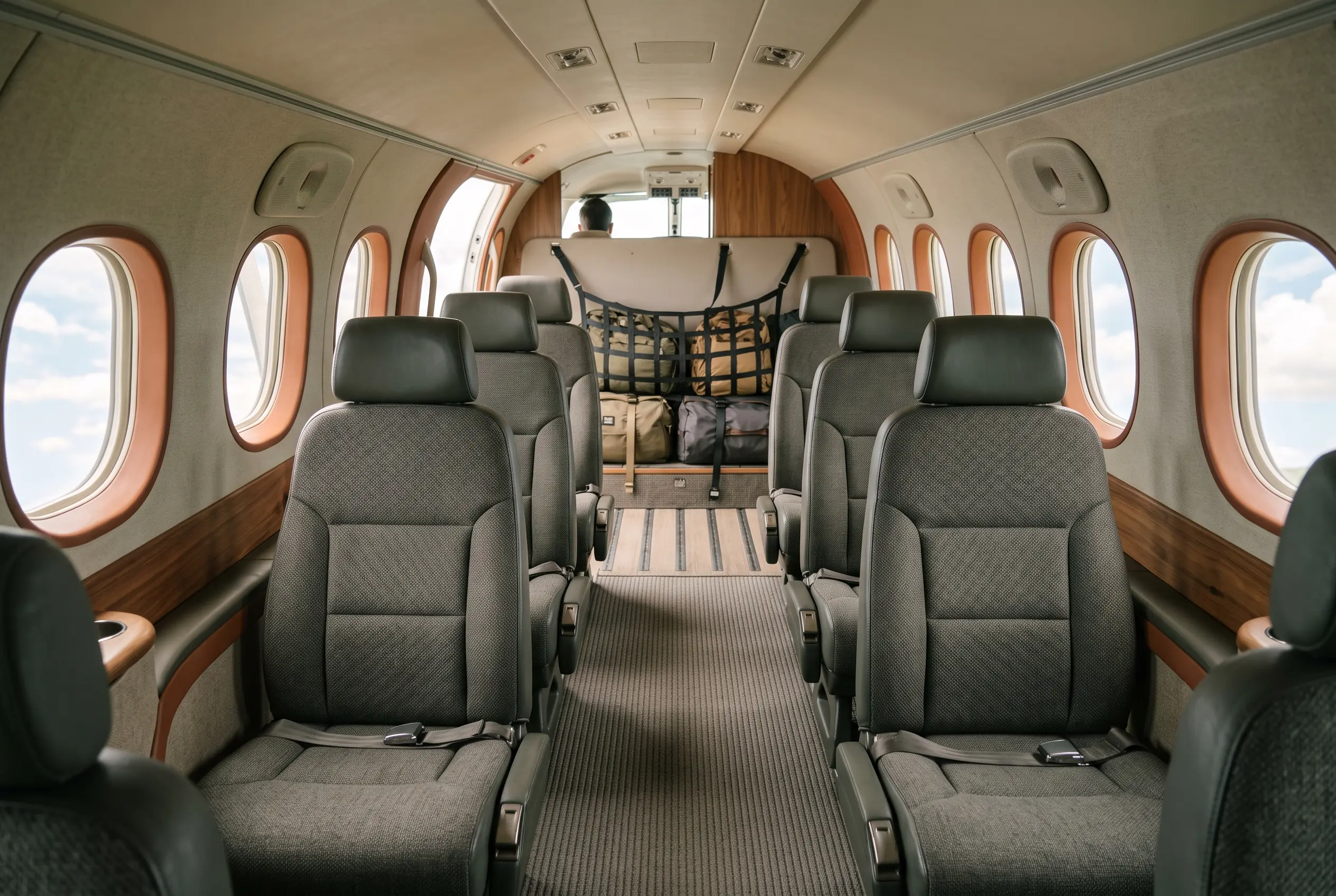 Utility turboprop cabin with nine upright passenger seats in grey trim, soft duffel bags strapped along the flat rear floor