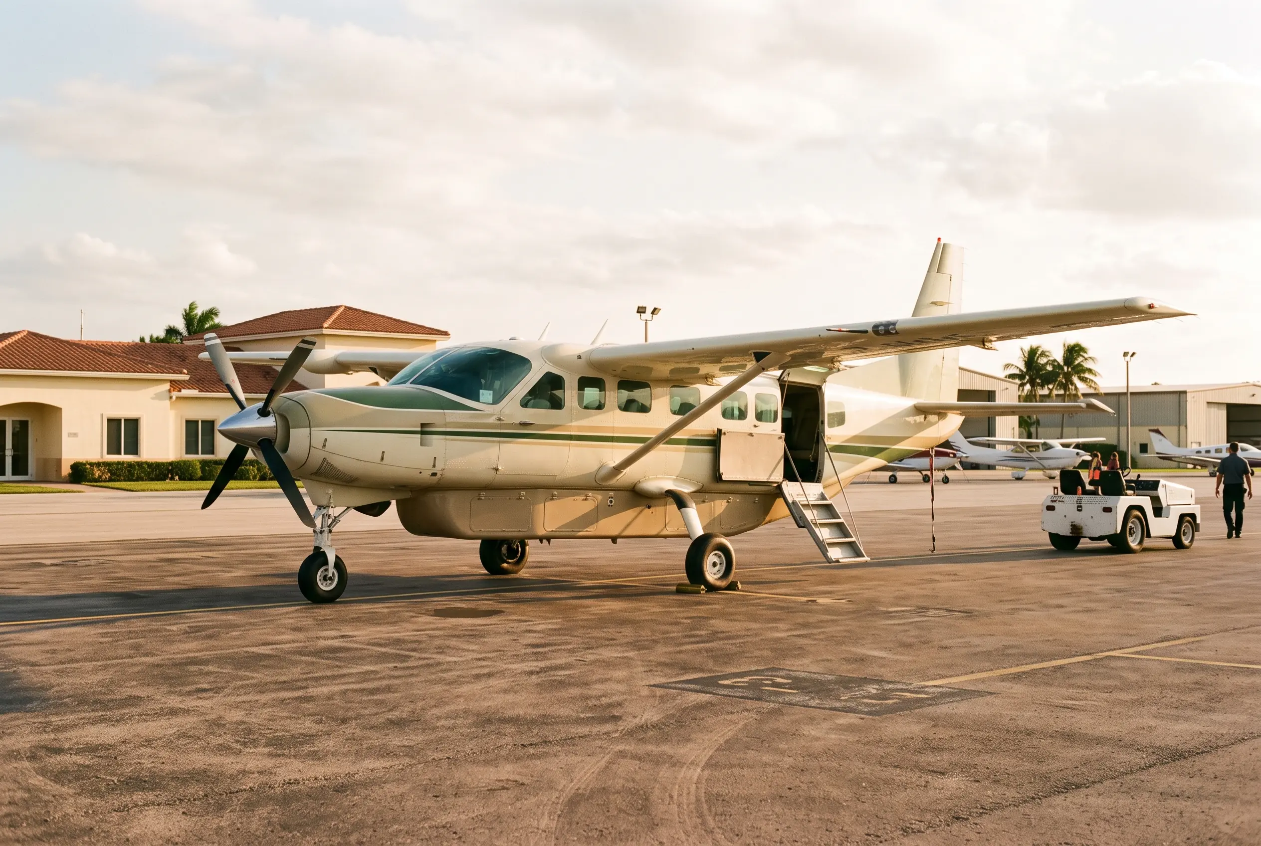 Grand Caravan EX High-wing single-engine turboprop with a belly cargo pod resting on a sunlit Florida ramp, boarding door open