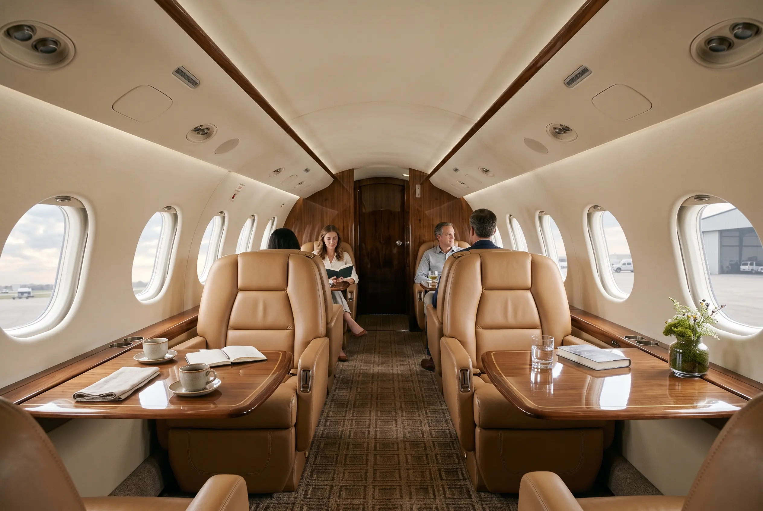 Wide flat-floor jet cabin in soft morning light, eight tan leather club seats facing over polished walnut tables