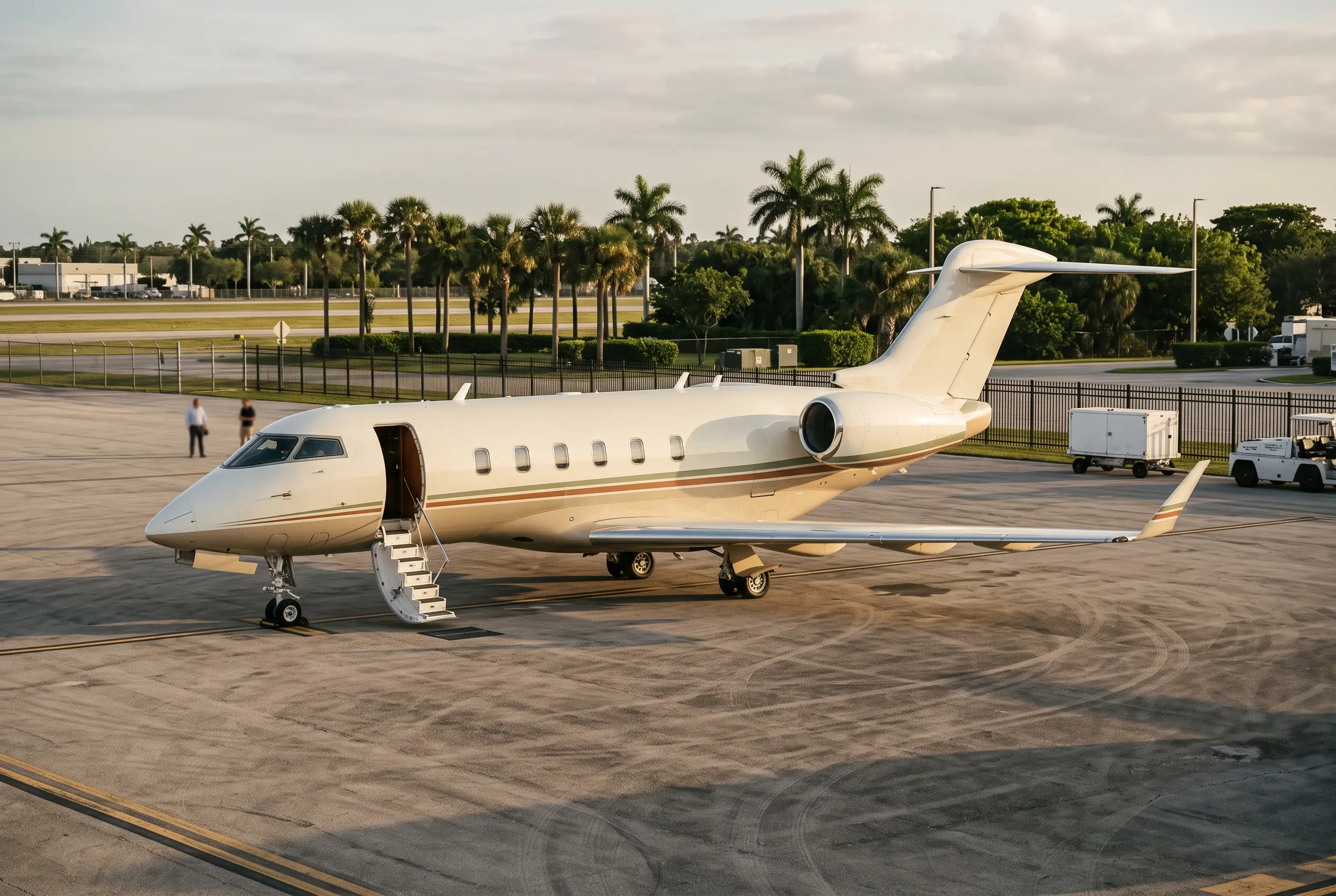 Challenger 300 Twin-engine business jet resting on a sunlit Florida ramp, air-stair down and palms along the fence line