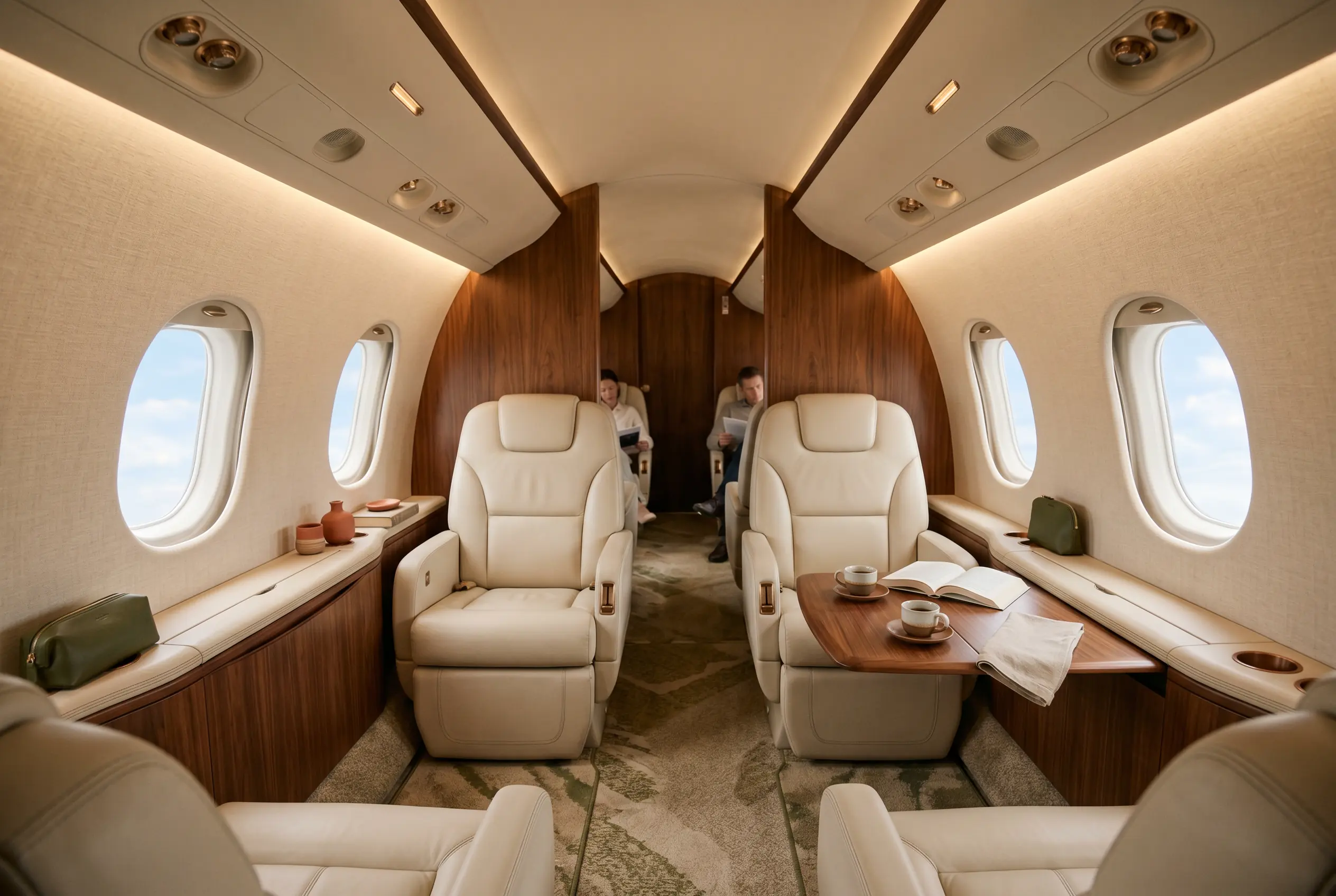 Business jet interior with cream leather seats in double-club, warm downwash lighting and a stitched sideledge running aft