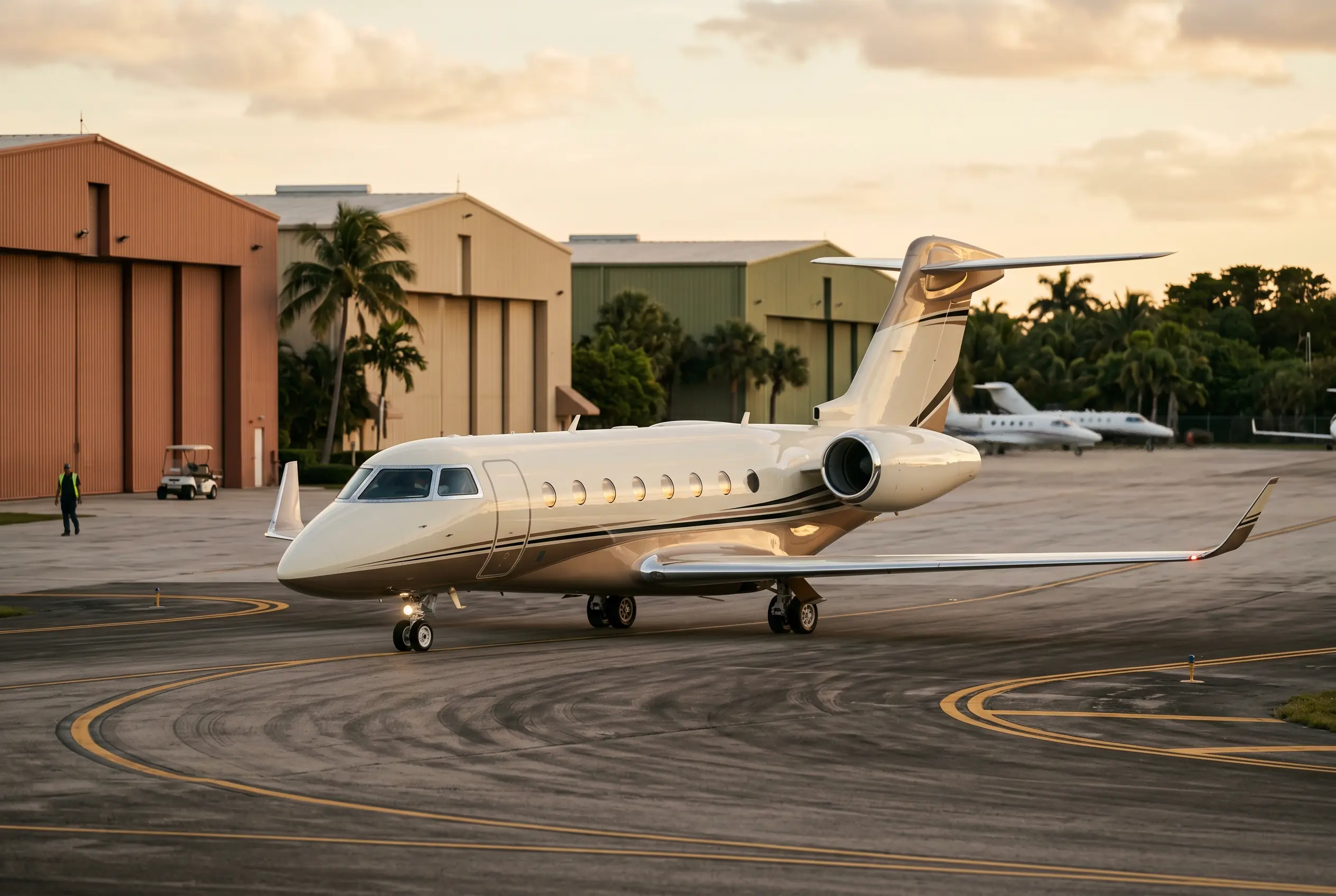 Challenger 350 Sleek super-midsize jet with upswept winglets taxiing past hangars in golden evening light