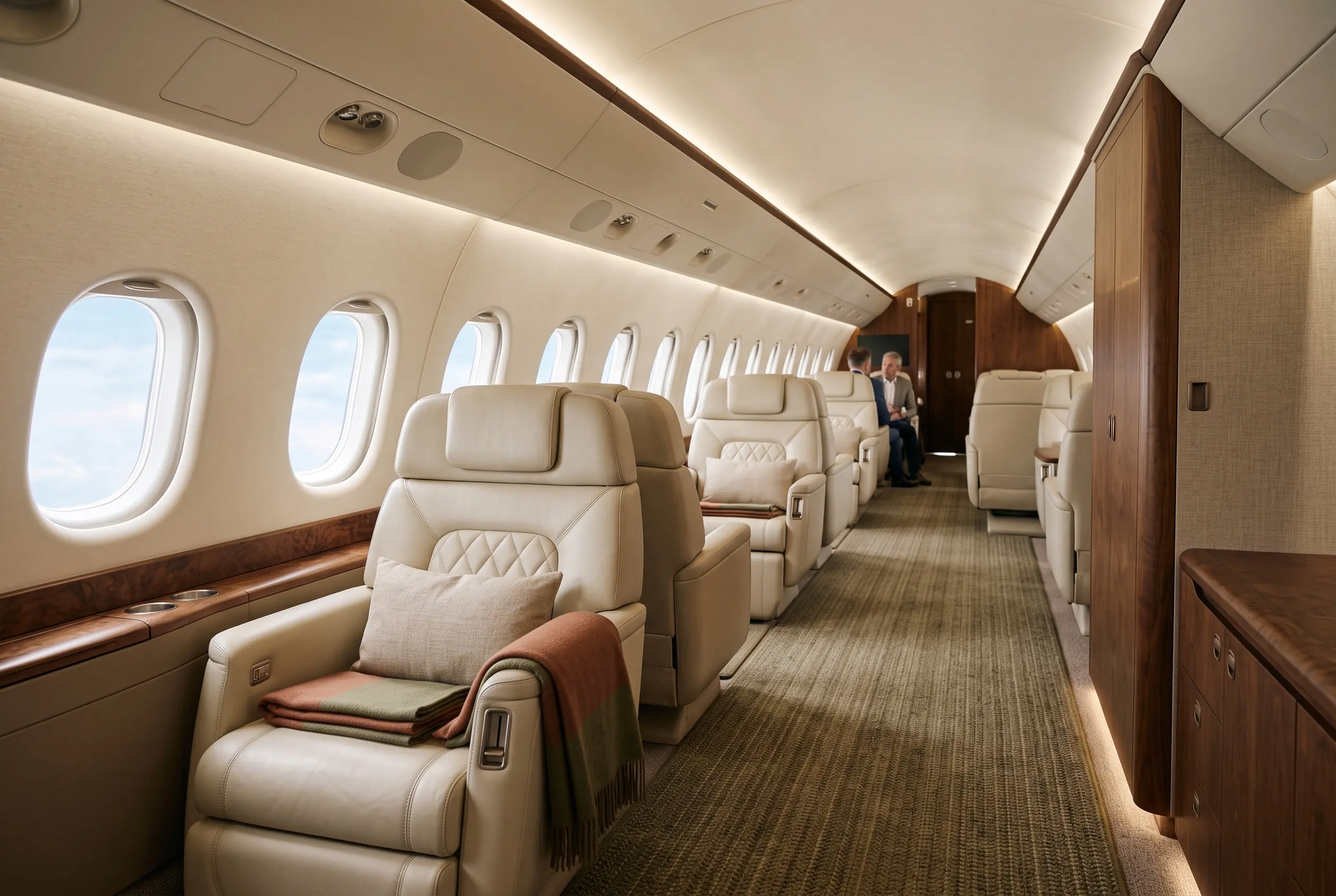 Contemporary jet cabin with sculpted quilted seats in pale leather, indirect uplighting and a long unbroken wool carpet
