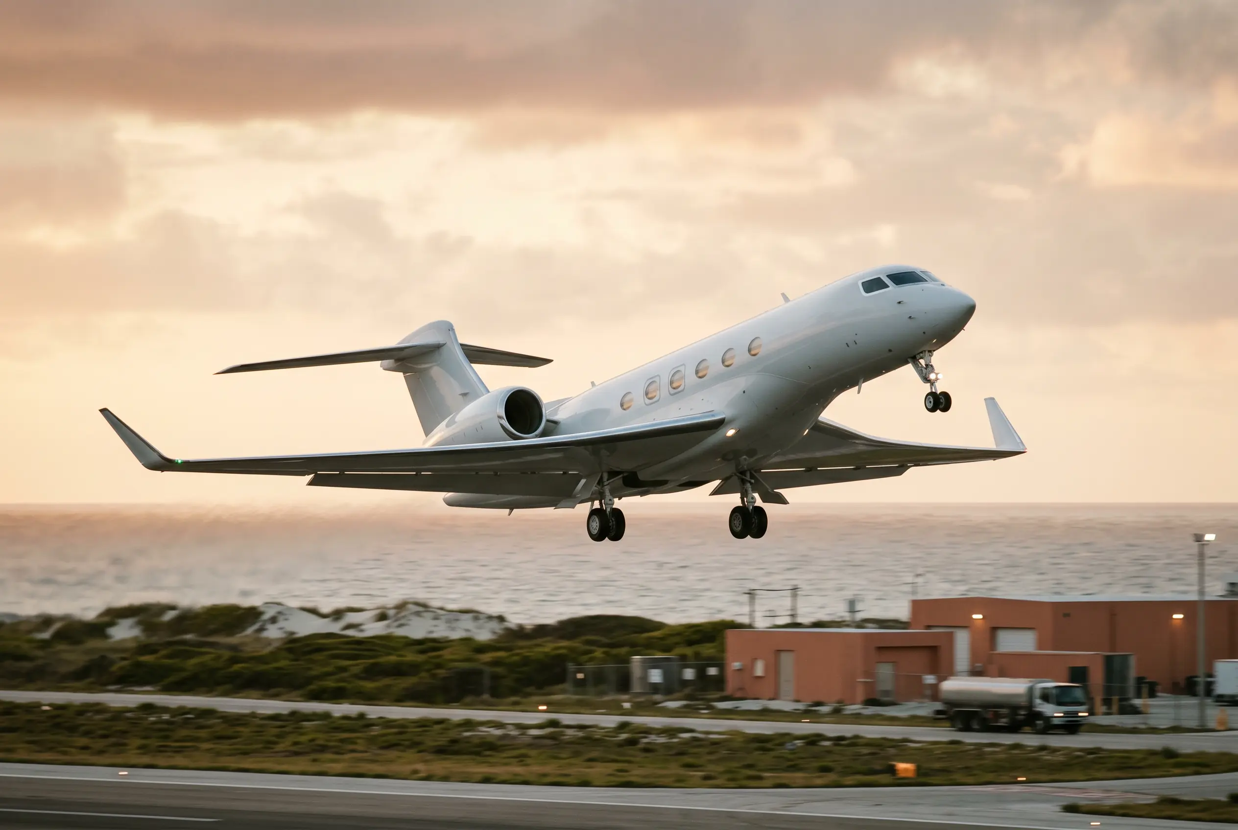 Challenger 3500 Modern twinjet climbing steeply off a coastal runway at dawn, gear folding into a clean white fuselage