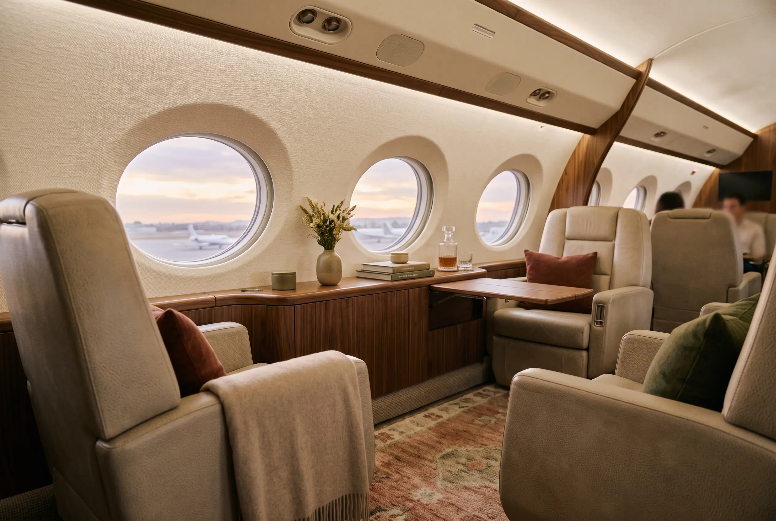 Wide heavy-jet cabin in late-day light, four club chairs in oatmeal leather facing a low walnut credenza