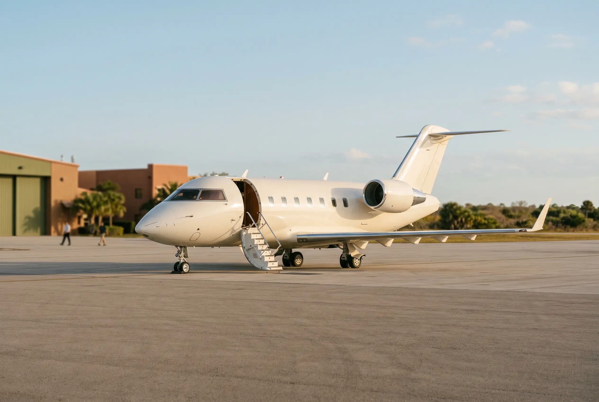Large twin-engine business jet at rest on a Florida ramp, stairs down and heat shimmer rising off the taxiway