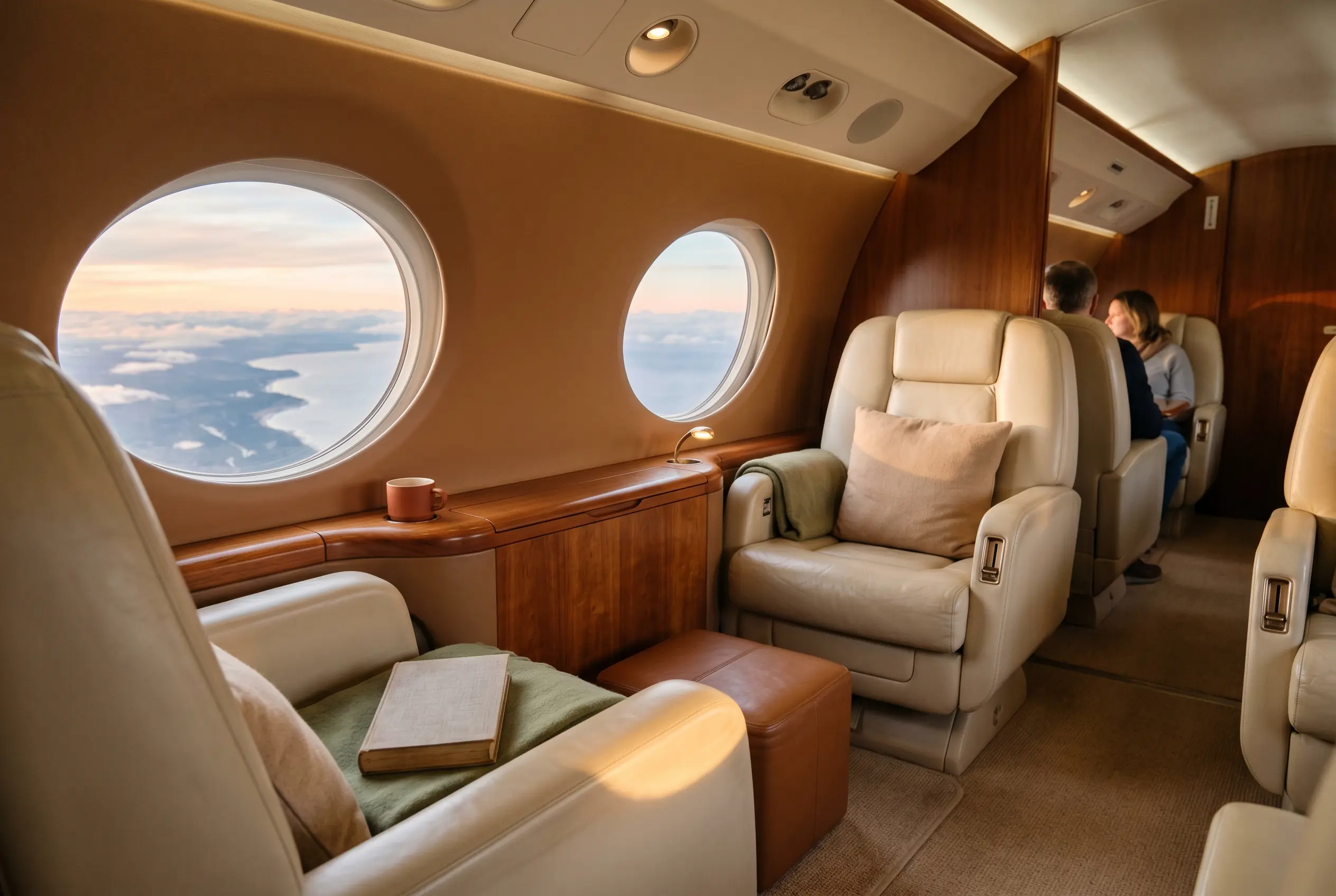 Snug personal-jet cabin with panoramic windows, cream leather seats and soft dawn light across the armrests