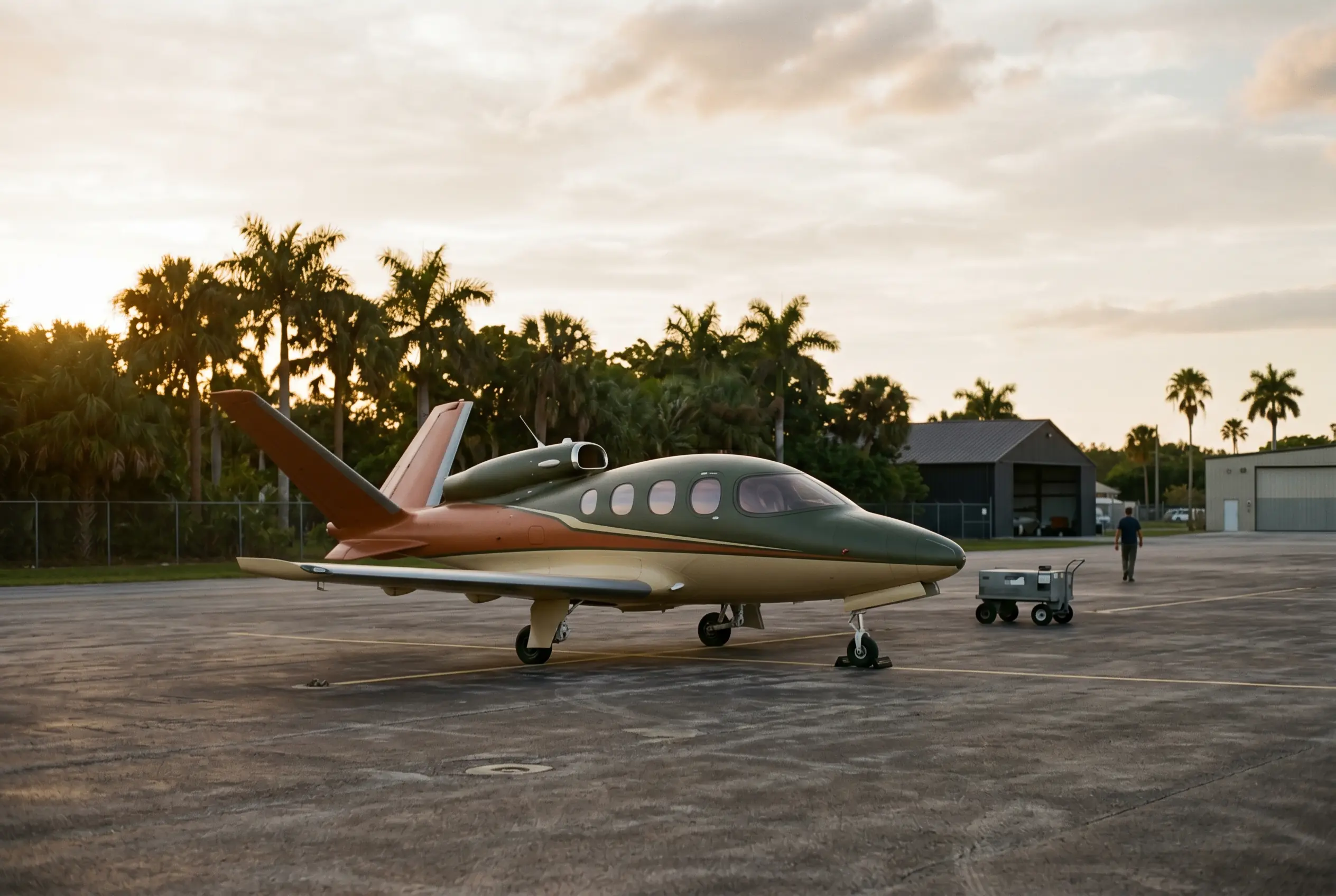 Compact single-engine jet with a V-tail resting on a palm-lined ramp in warm evening light