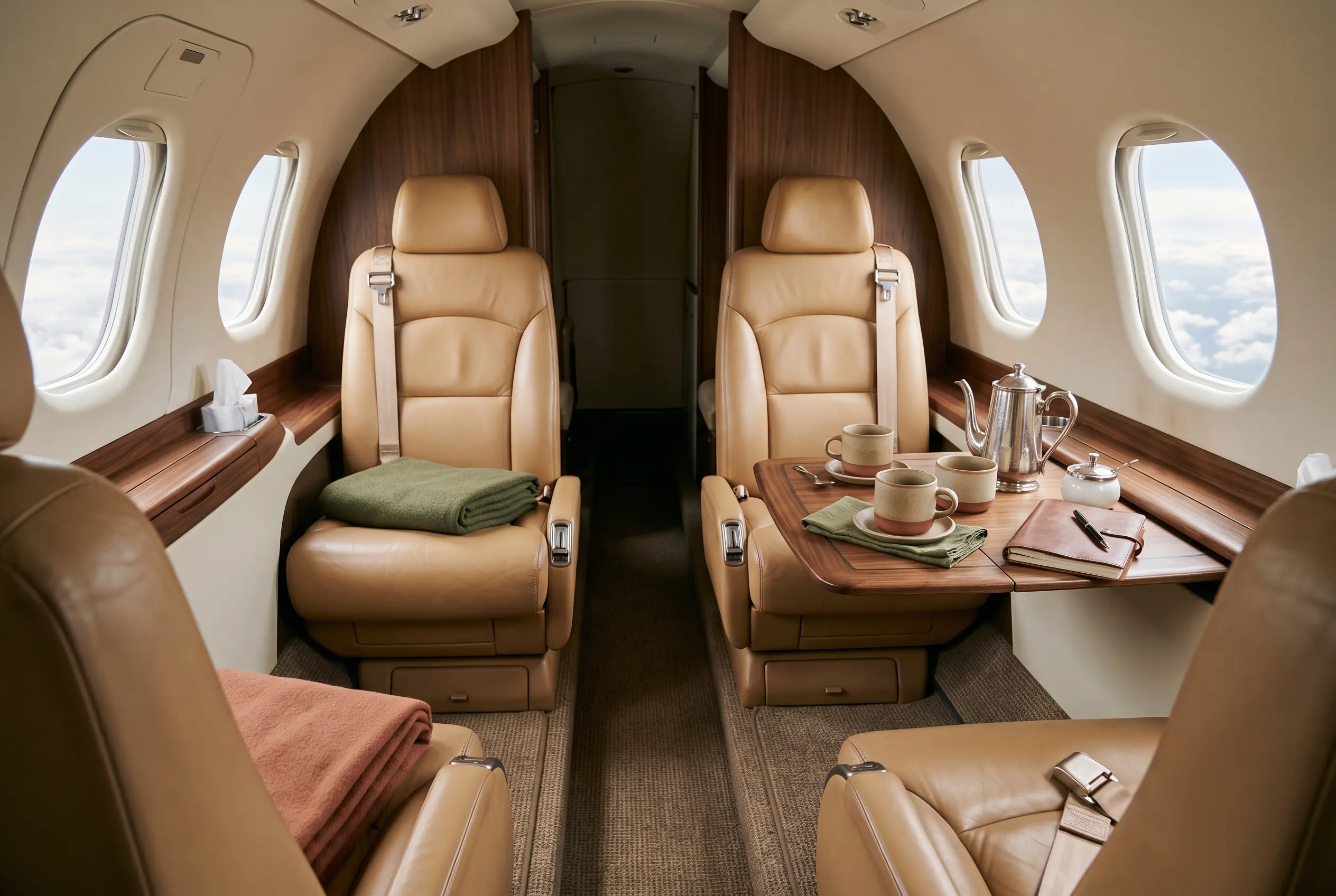 Light jet club cabin with tan leather seats and a fold-out walnut table set for coffee