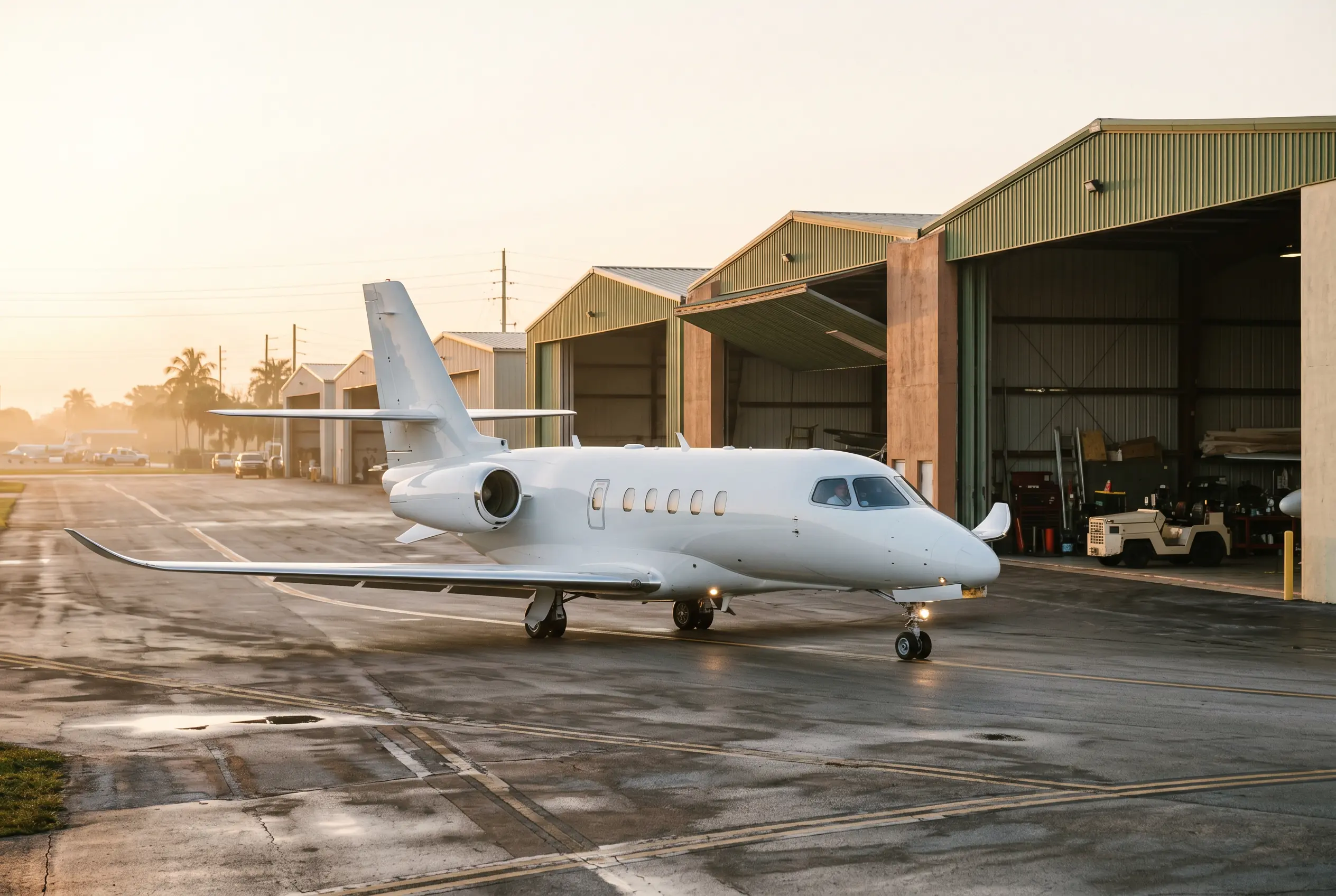 Citation CJ3+ White light jet taxiing past open hangars in early morning haze, sun low over the ramp