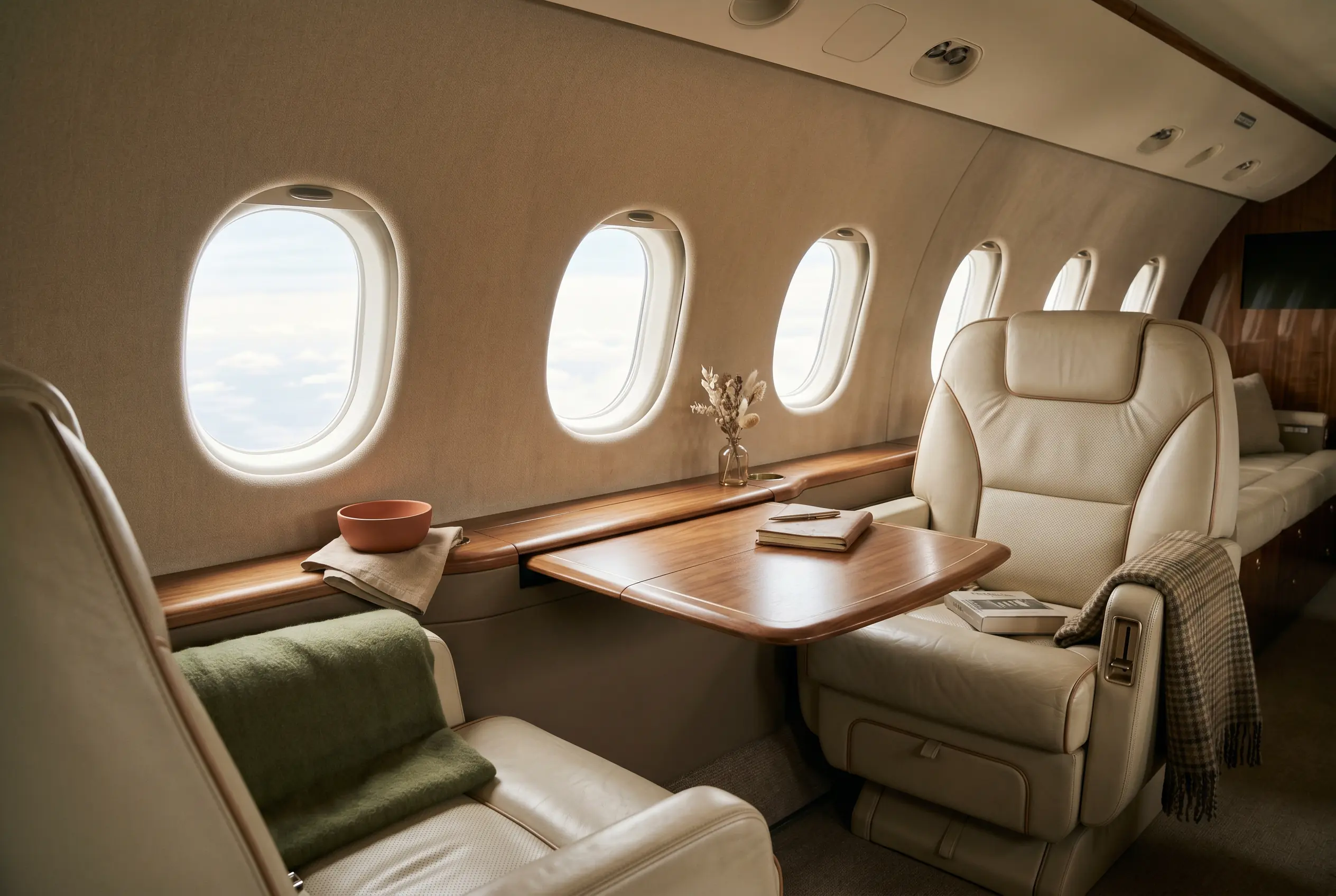 Sunlit executive cabin with facing leather club seats and a low wooden ledge beneath the windows