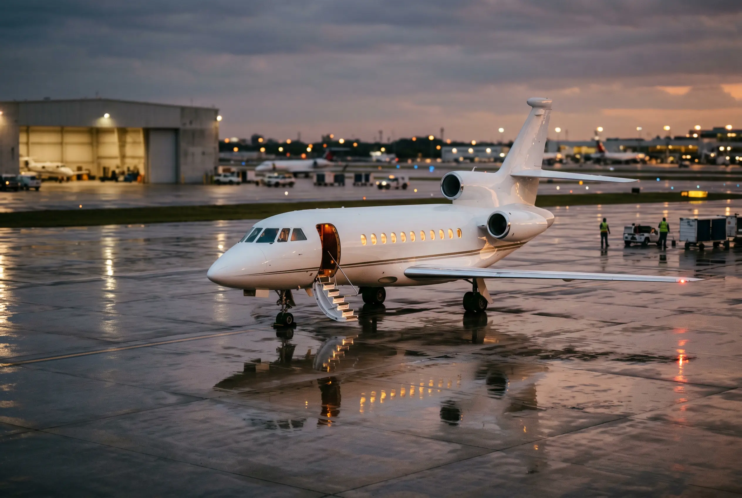 Citation CJ4 Sleek white twin-engine jet on a wet ramp at dusk, reflections pooling under the wings