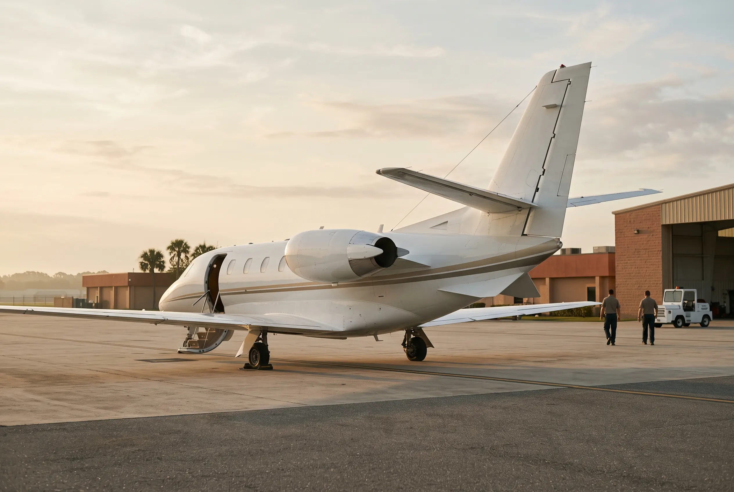 Citation Excel Citation Excel resting on a sunlit Florida ramp, air-stair door open beneath a high tail
