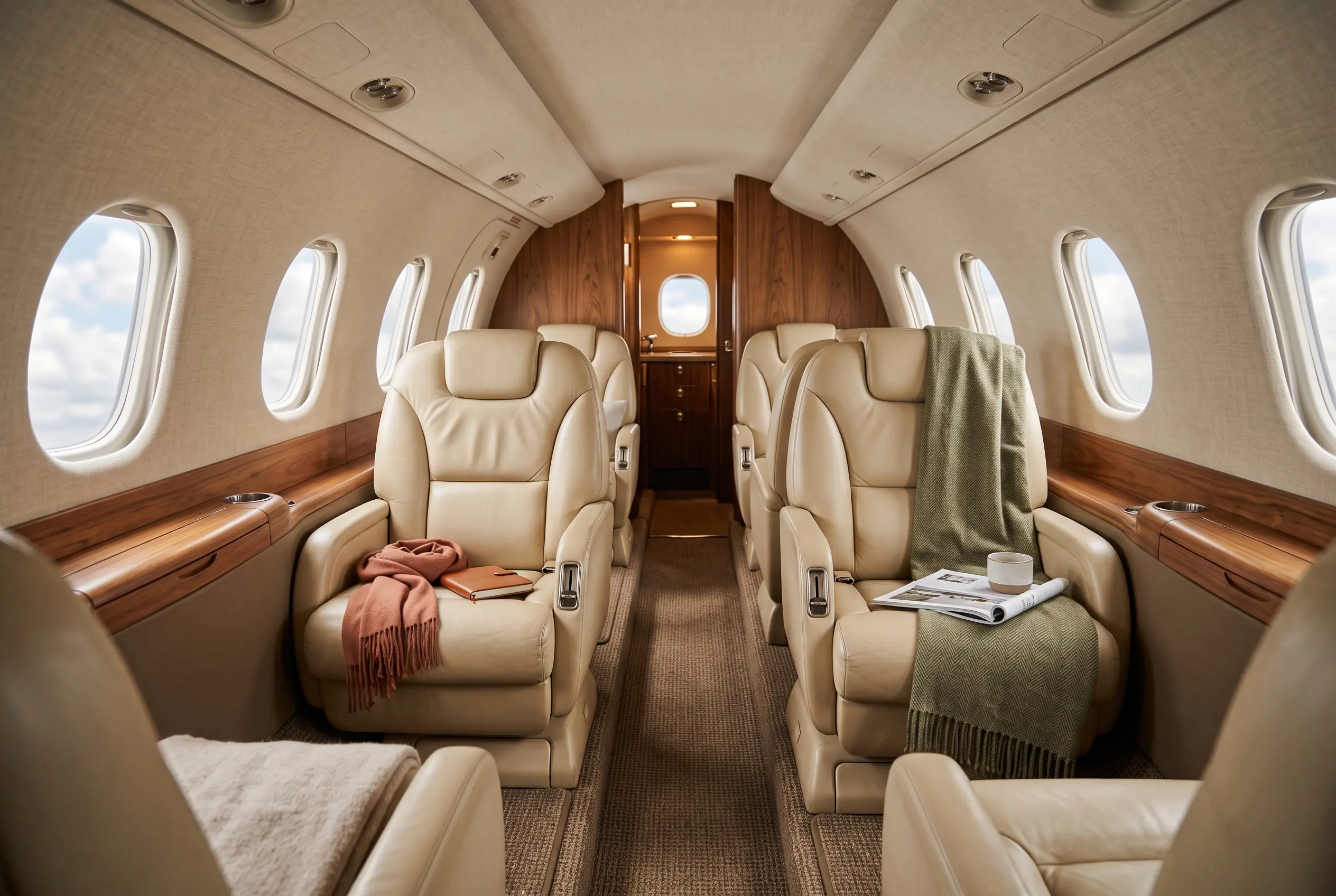 Citation Latitude interior with a completely flat aisle, six deep leather seats and soft window light down the cabin