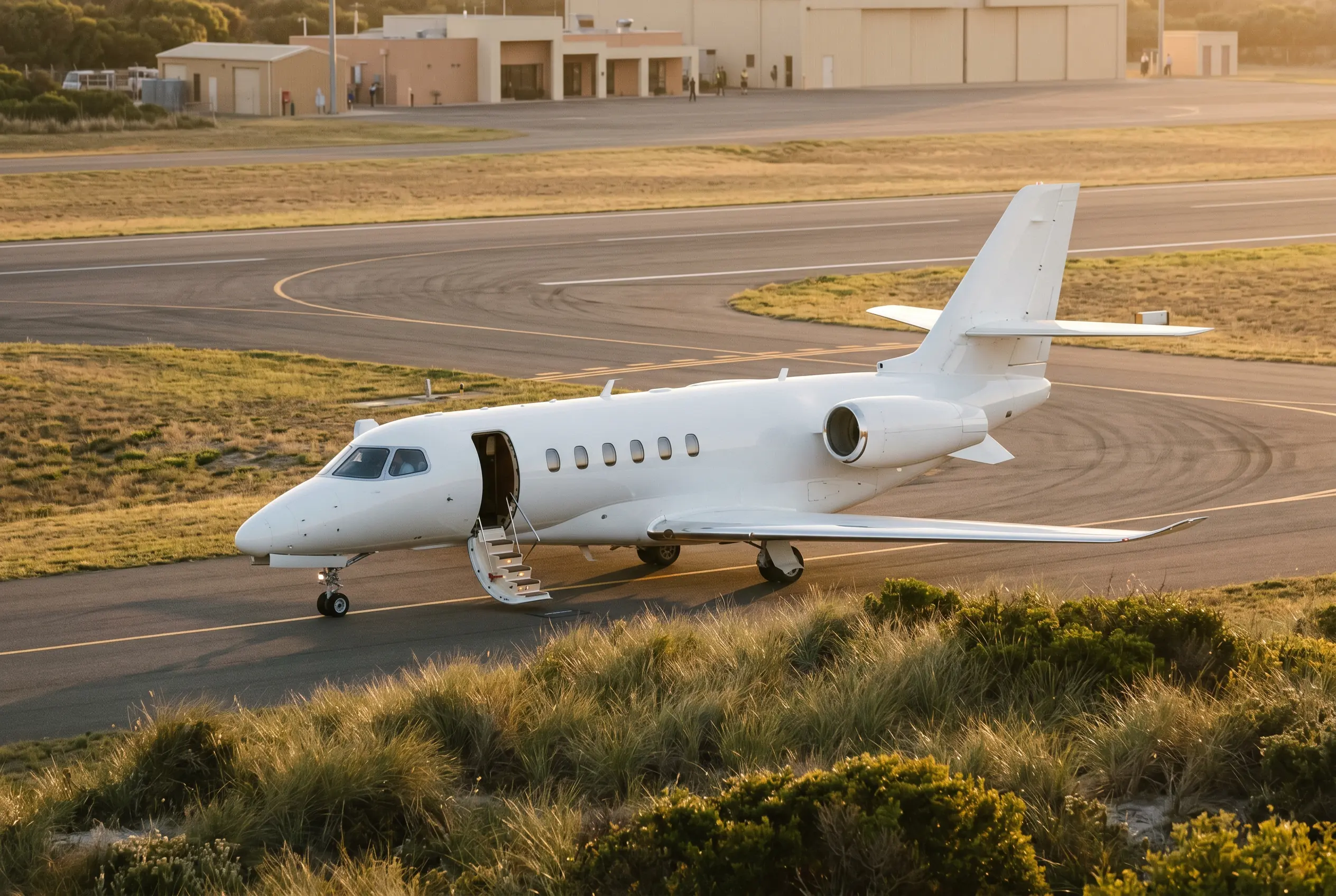 Citation Latitude Citation Latitude taxiing past dune grass at golden hour, low electric air-stair extended