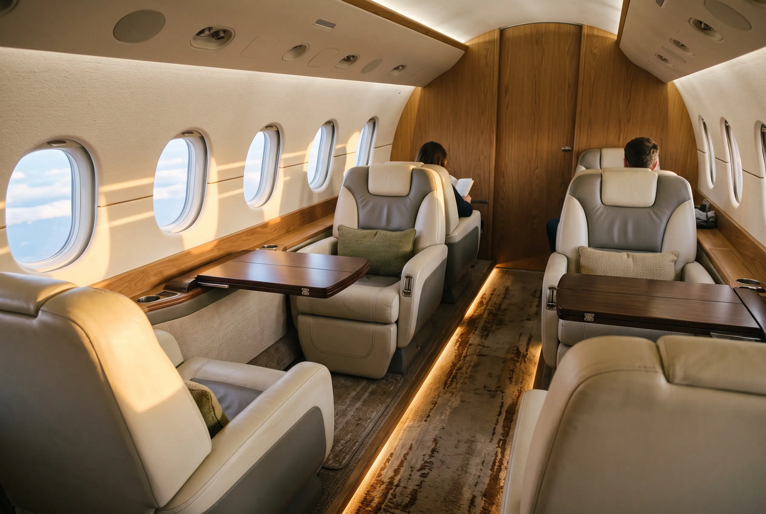 Hushed jet cabin at cruise, six leather seats in muted grey around stowed tables, late sun striping the aisle