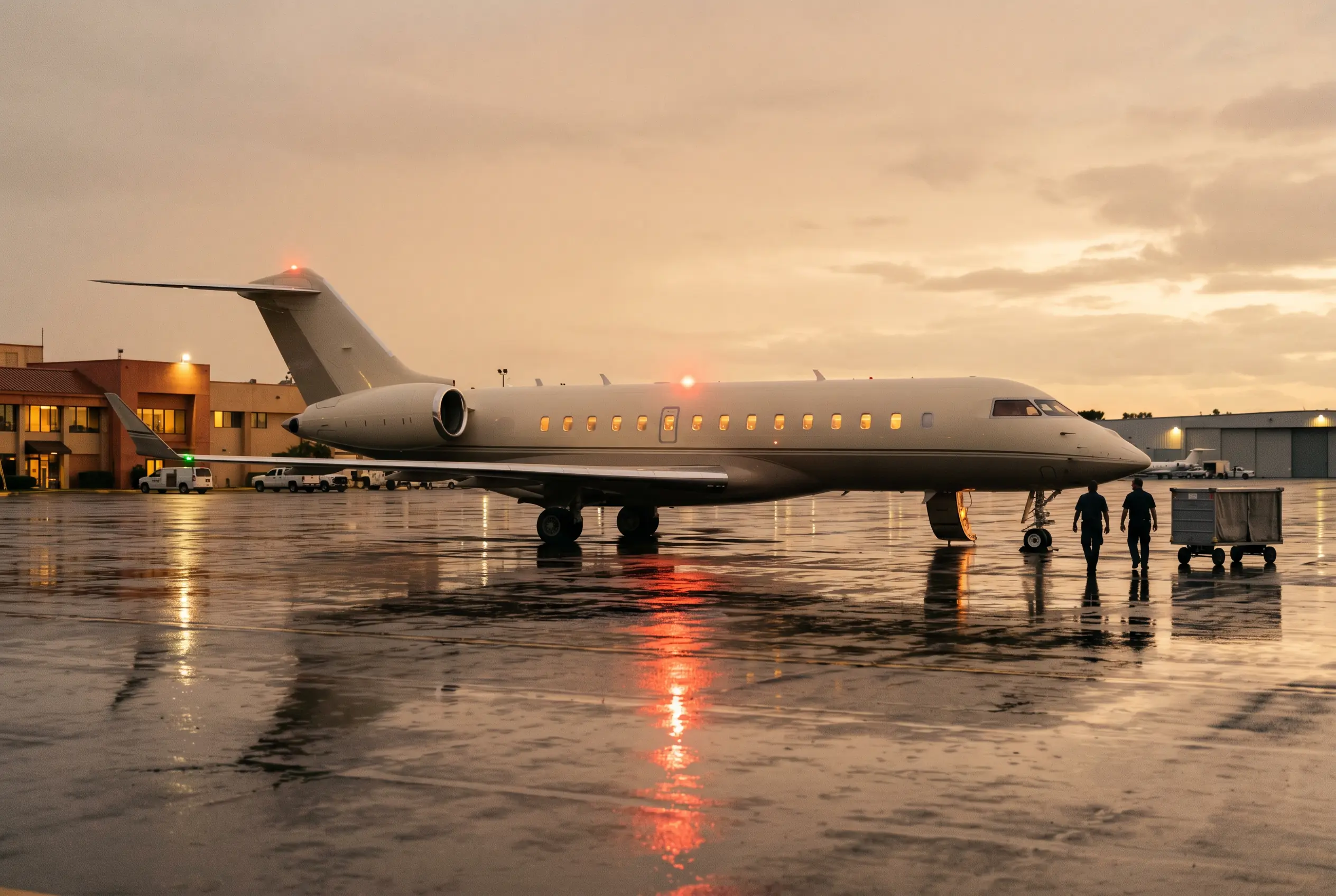 Citation Longitude Long-fuselage business jet on a rain-washed ramp at dusk, beacon light reflecting off the wet concrete