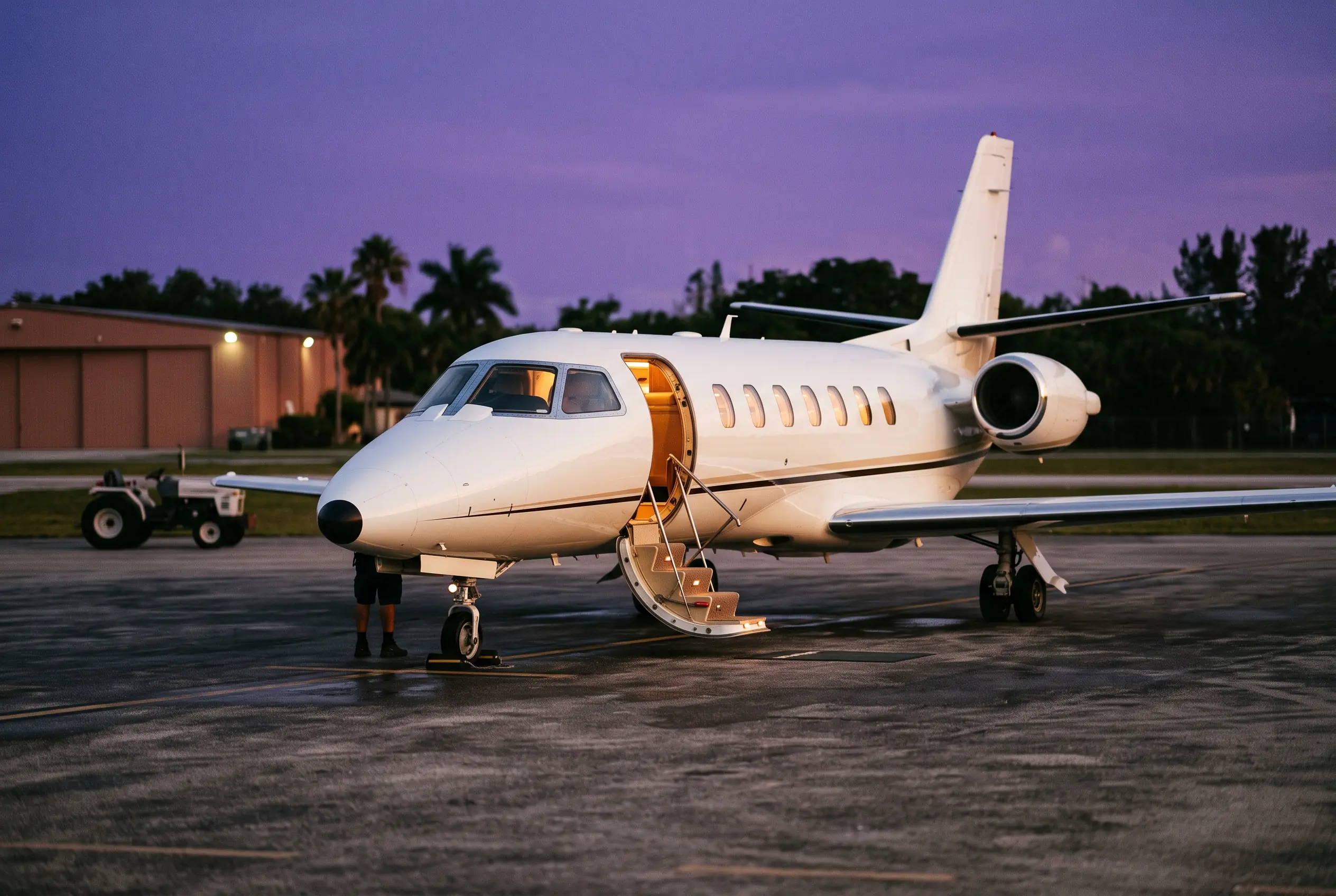Small white business jet parked nose-on under a violet dusk sky, airstair door open