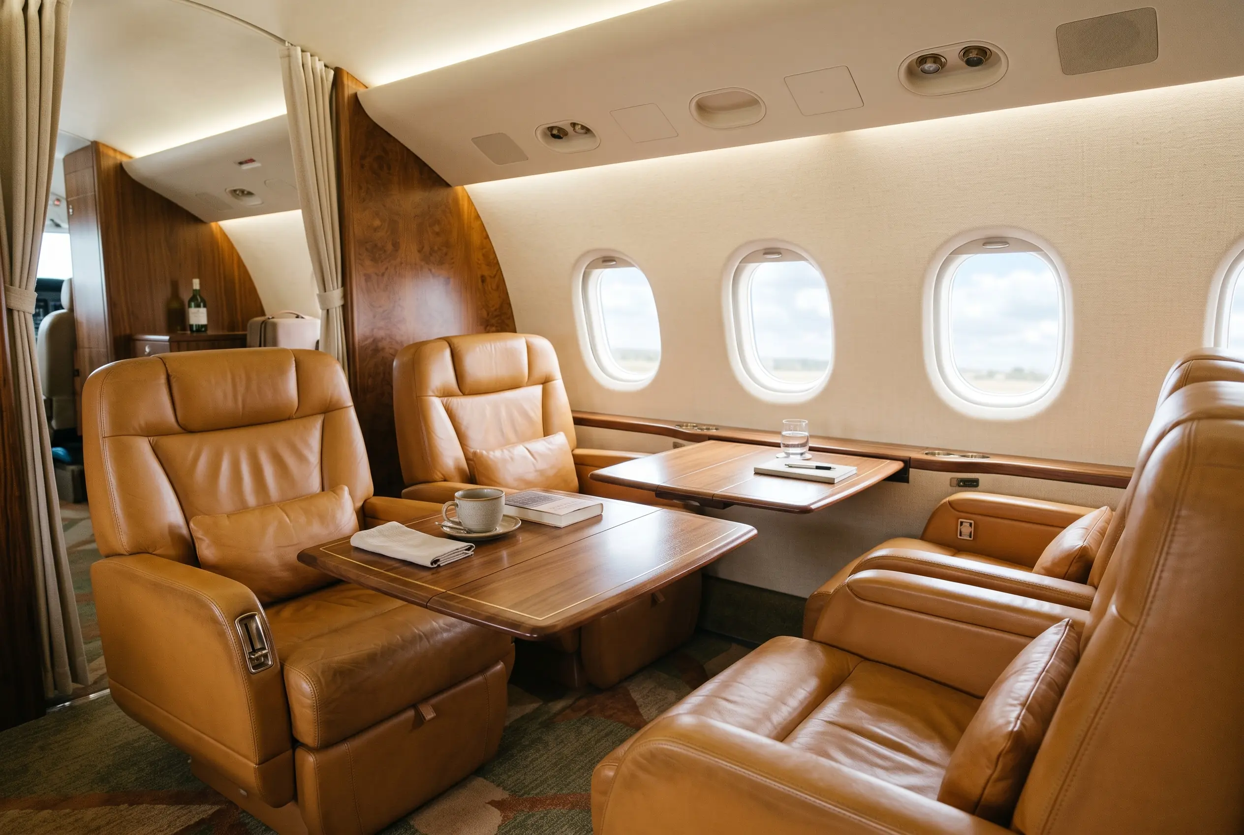 Intimate four-seat jet cabin with butterscotch leather chairs facing over polished fold-out tables