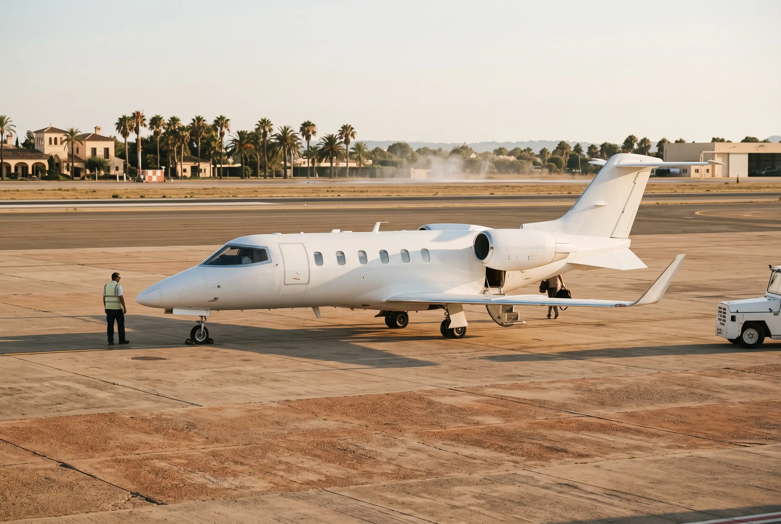 Citation Mustang Petite white jet waiting on a sun-washed ramp, heat shimmer rising over distant palms