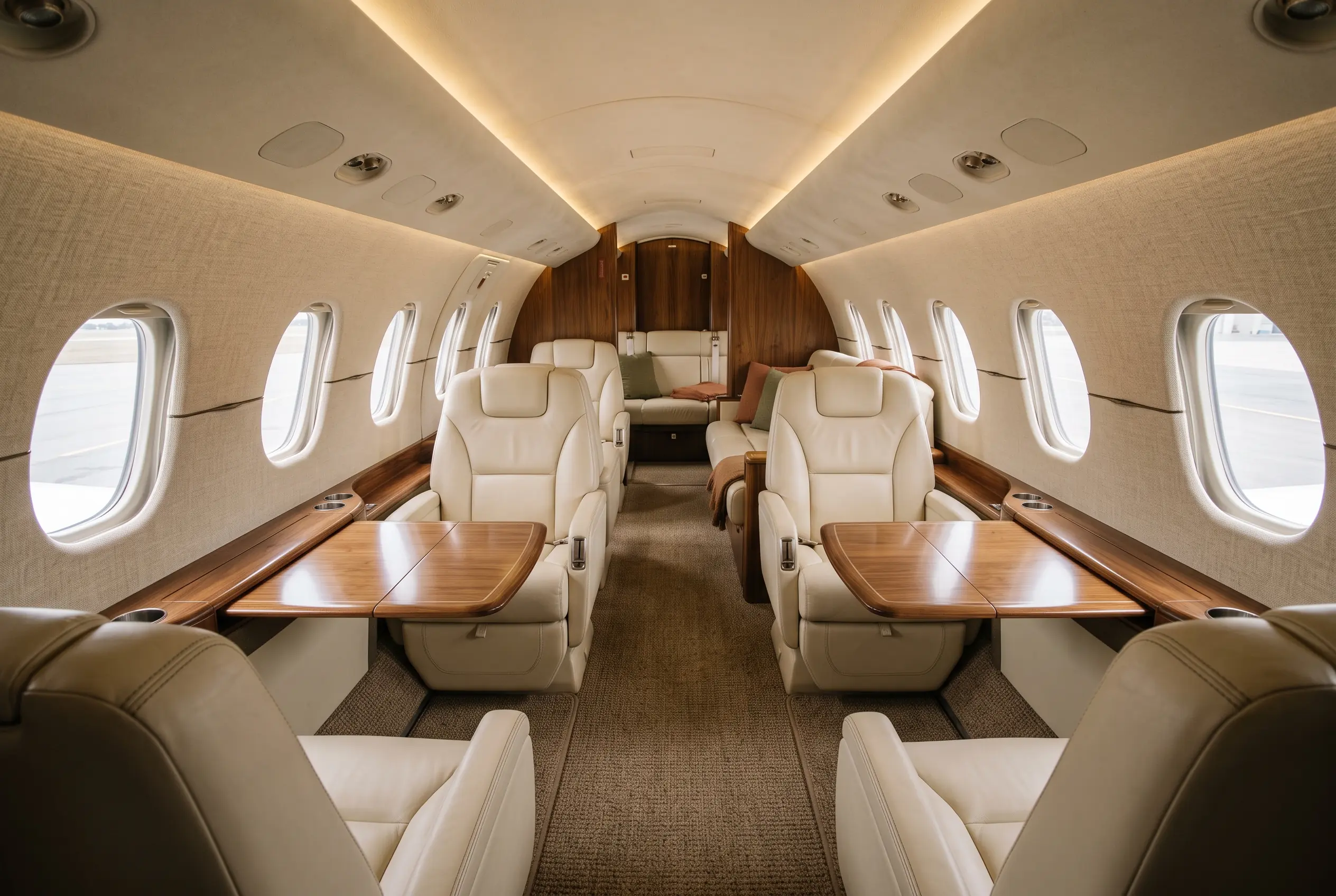 Long Citation Sovereign+ cabin in soft light, double-club seating in pale leather stretching toward an aft divan