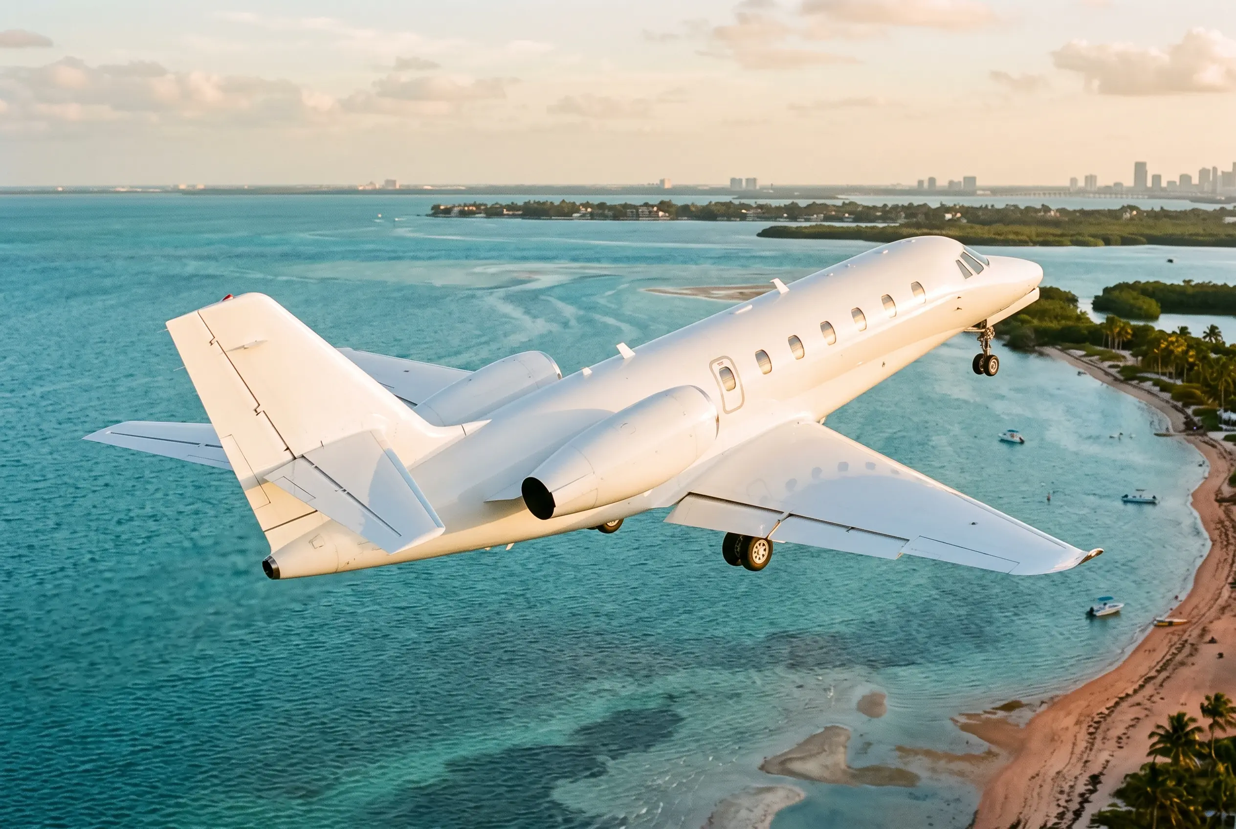 Citation Sovereign+ Citation Sovereign+ climbing away over turquoise Biscayne water, gear folding into a white fuselage