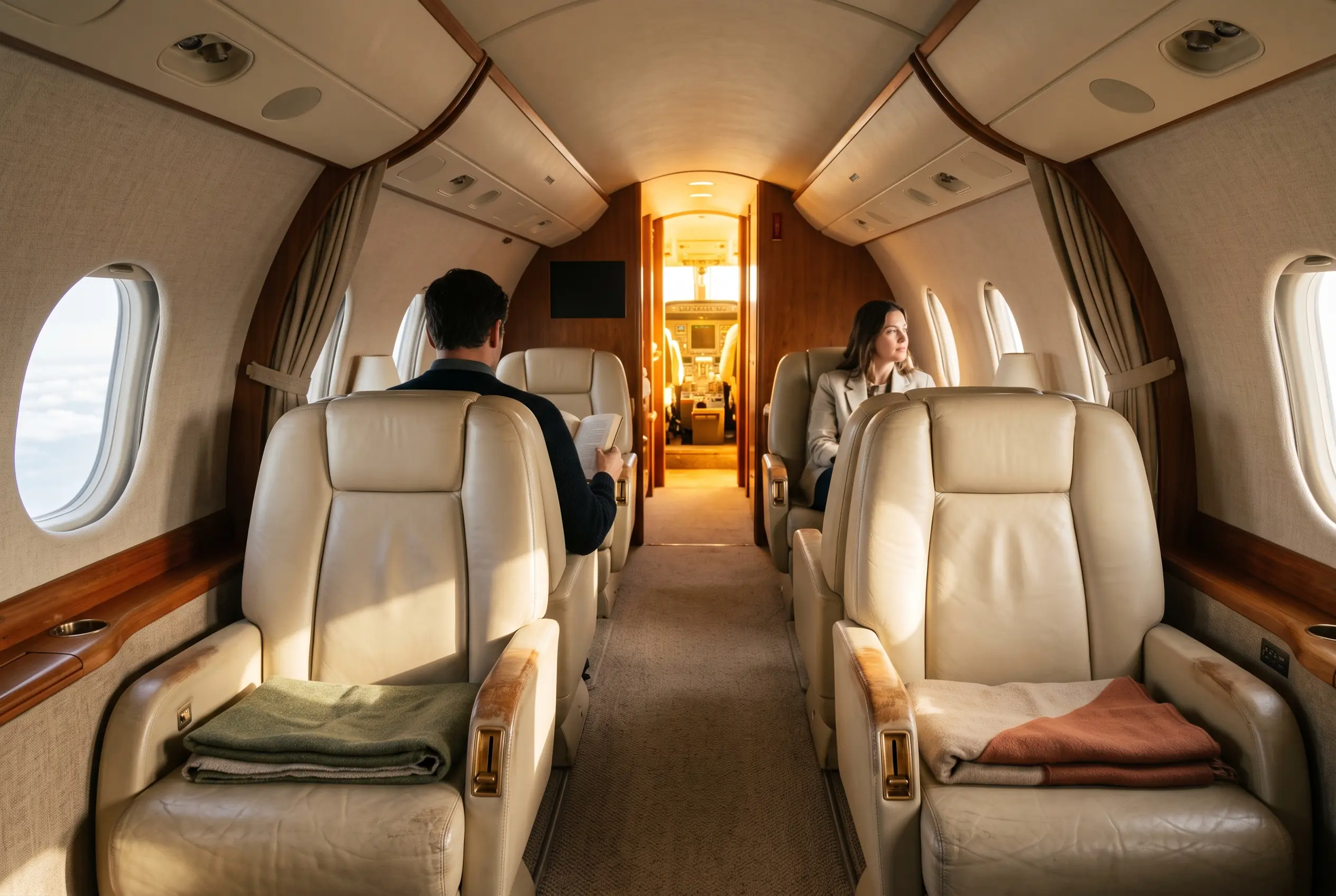 Slim jet cabin with paired leather seats receding toward a bright cockpit doorway, sunlight pooling on the armrests