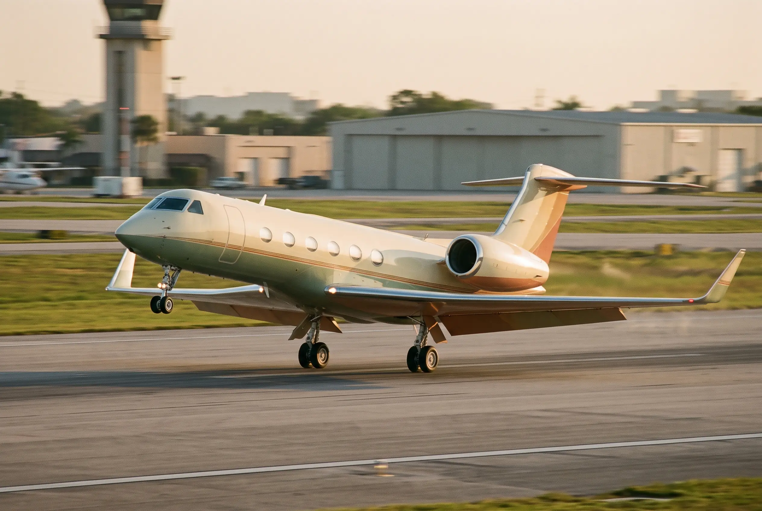 Citation X Swept-wing jet with large engine nacelles blurring down a runway at rotation, heat haze rising behind