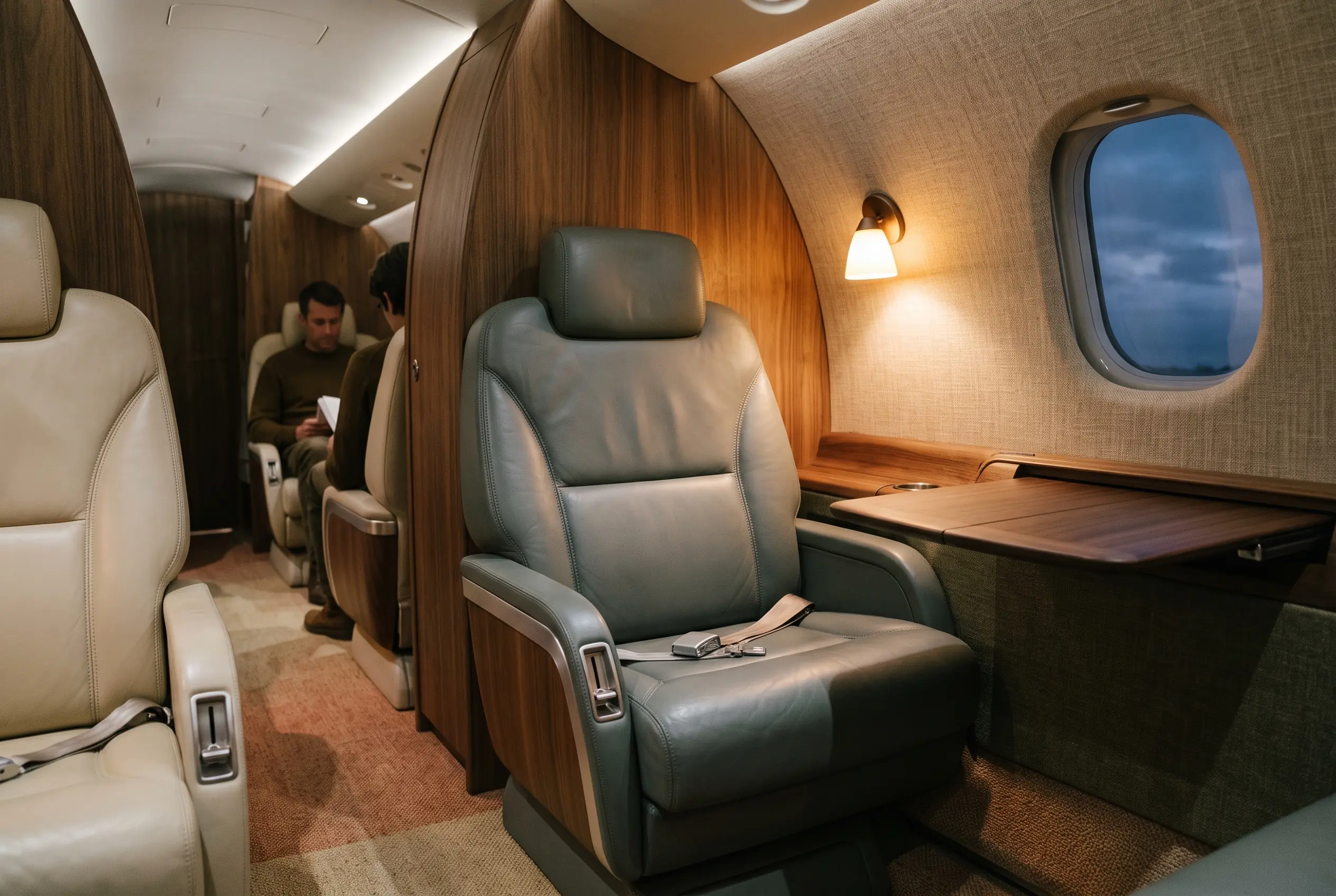 Narrow refined jet cabin with slate leather seats, brushed metal trim and a single reading lamp glowing over a stowed table