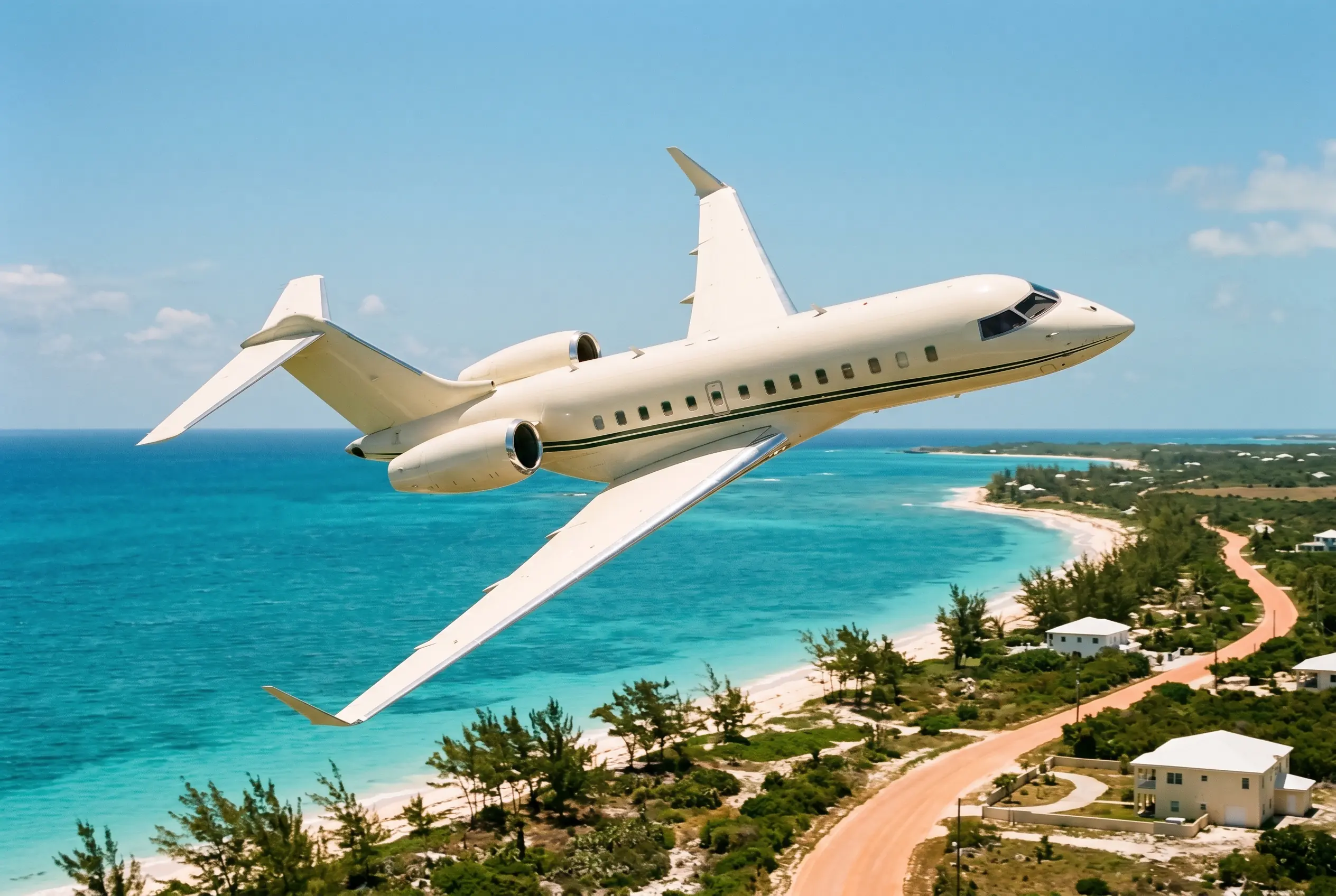 High-speed twinjet with elegant winglets banking over a turquoise coastline in hard midday light