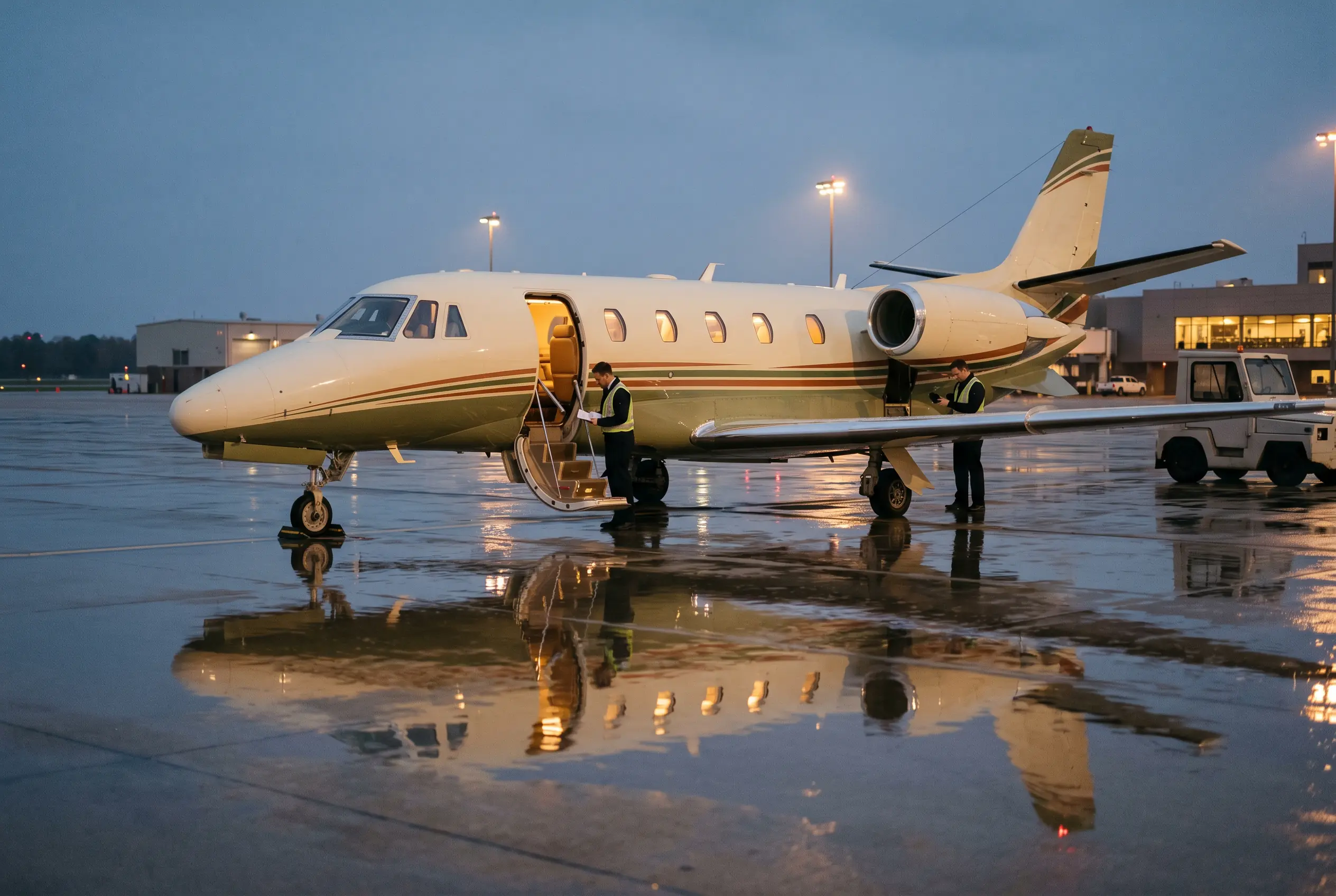 Citation XLS+ on a wet evening ramp, reflections pooling under the wing as the crew preflights