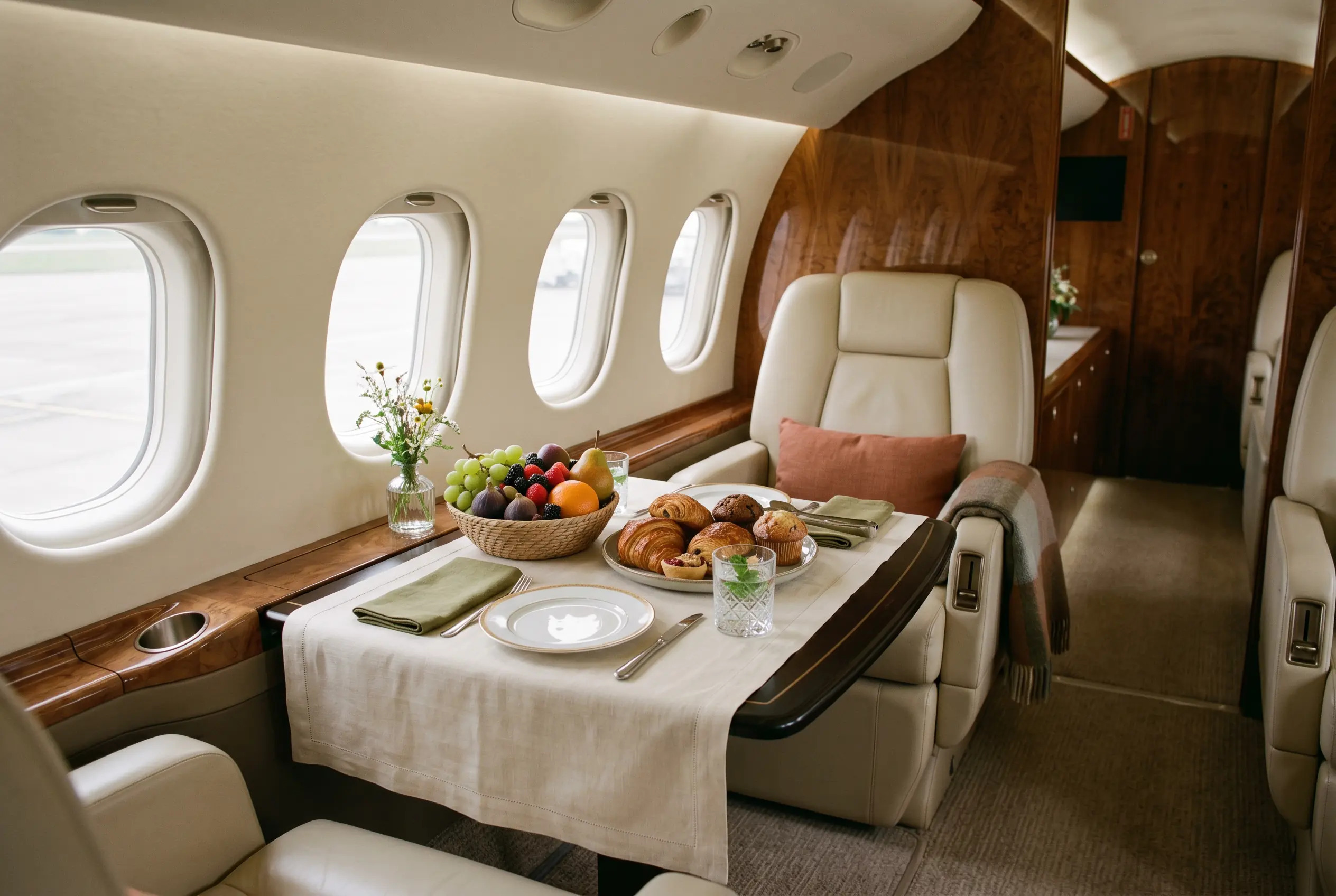 Cabin table dressed with fresh fruit, pastries and pressed linen ahead of boarding