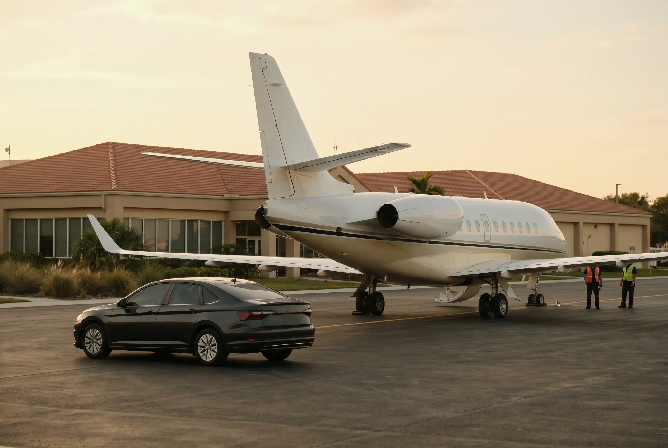 Concierge Services Black car waiting beside a jet on the Teterboro ramp, driver holding the rear door in low sun