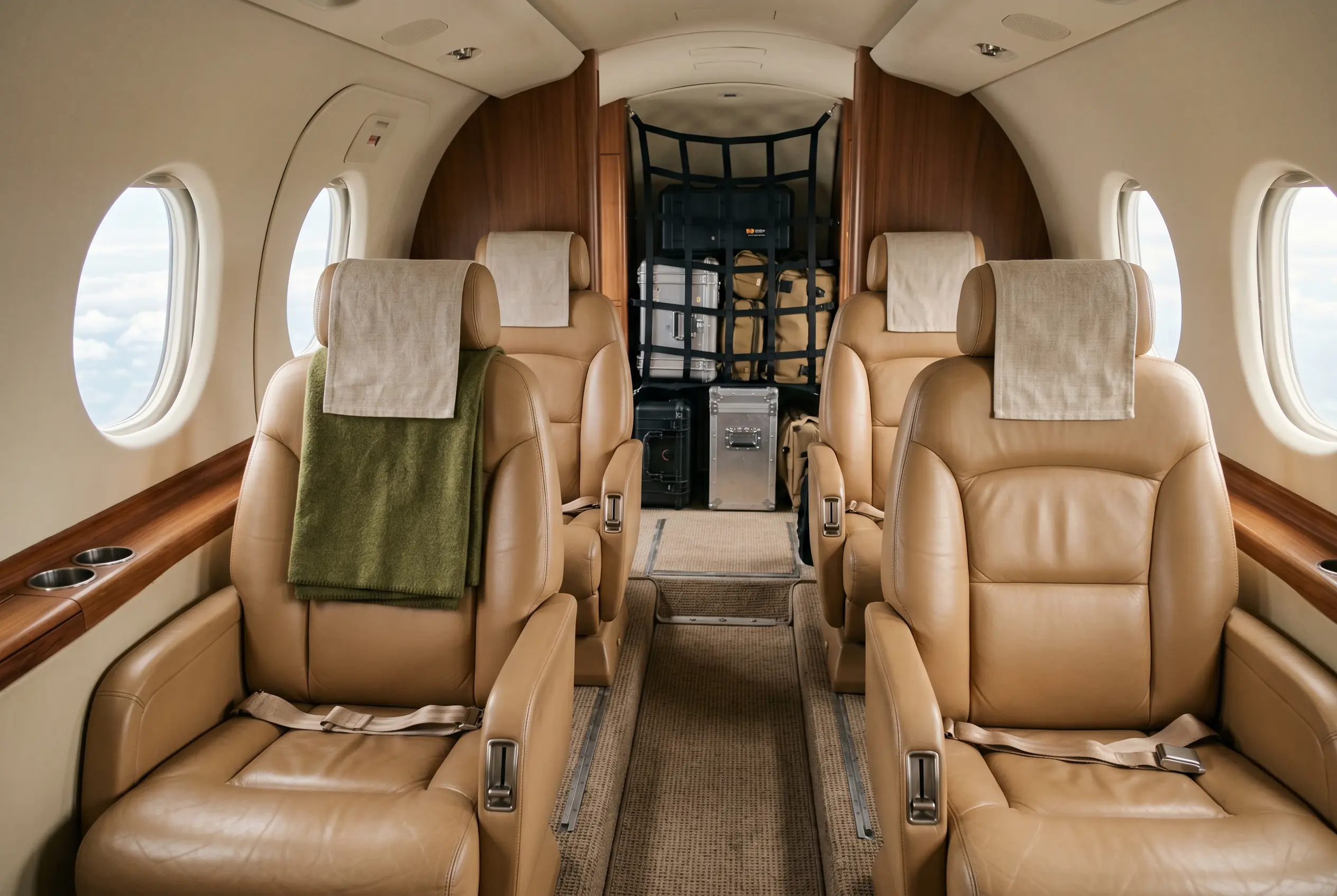 Six tan leather seats in a boxy turboprop cabin with a flat floor, hard equipment cases secured behind a cargo net