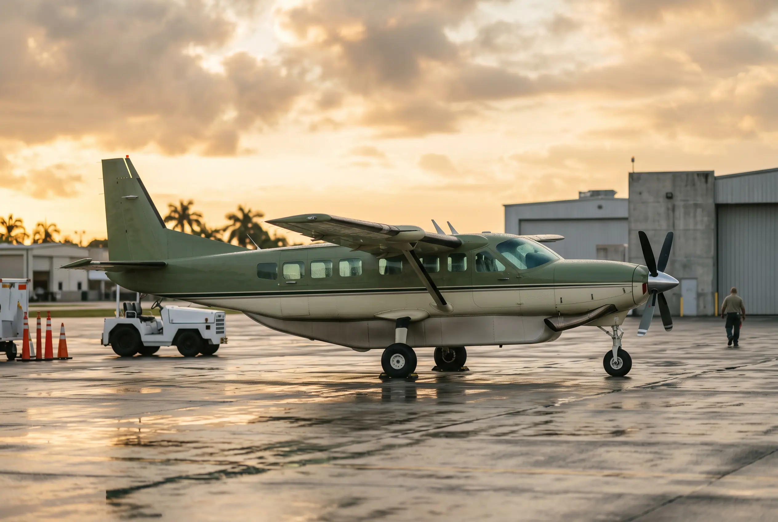Kodiak 900 Rugged single-engine turboprop with a long external cargo pod, parked on wet tarmac after morning rain