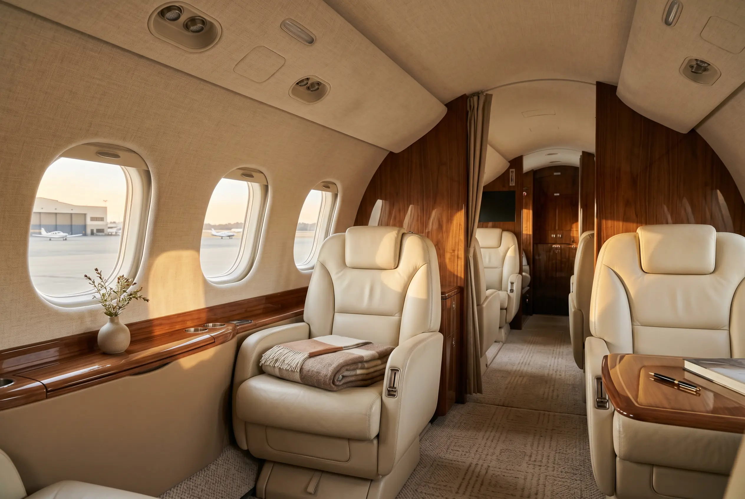 Quiet light jet cabin waiting in morning sun, cream leather seats and a folded blanket